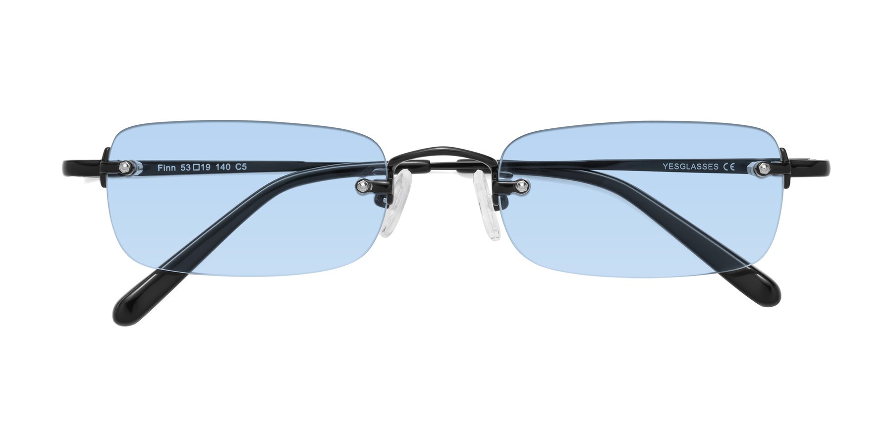 Folded Front of Finn in Black with Light Blue Tinted Lenses