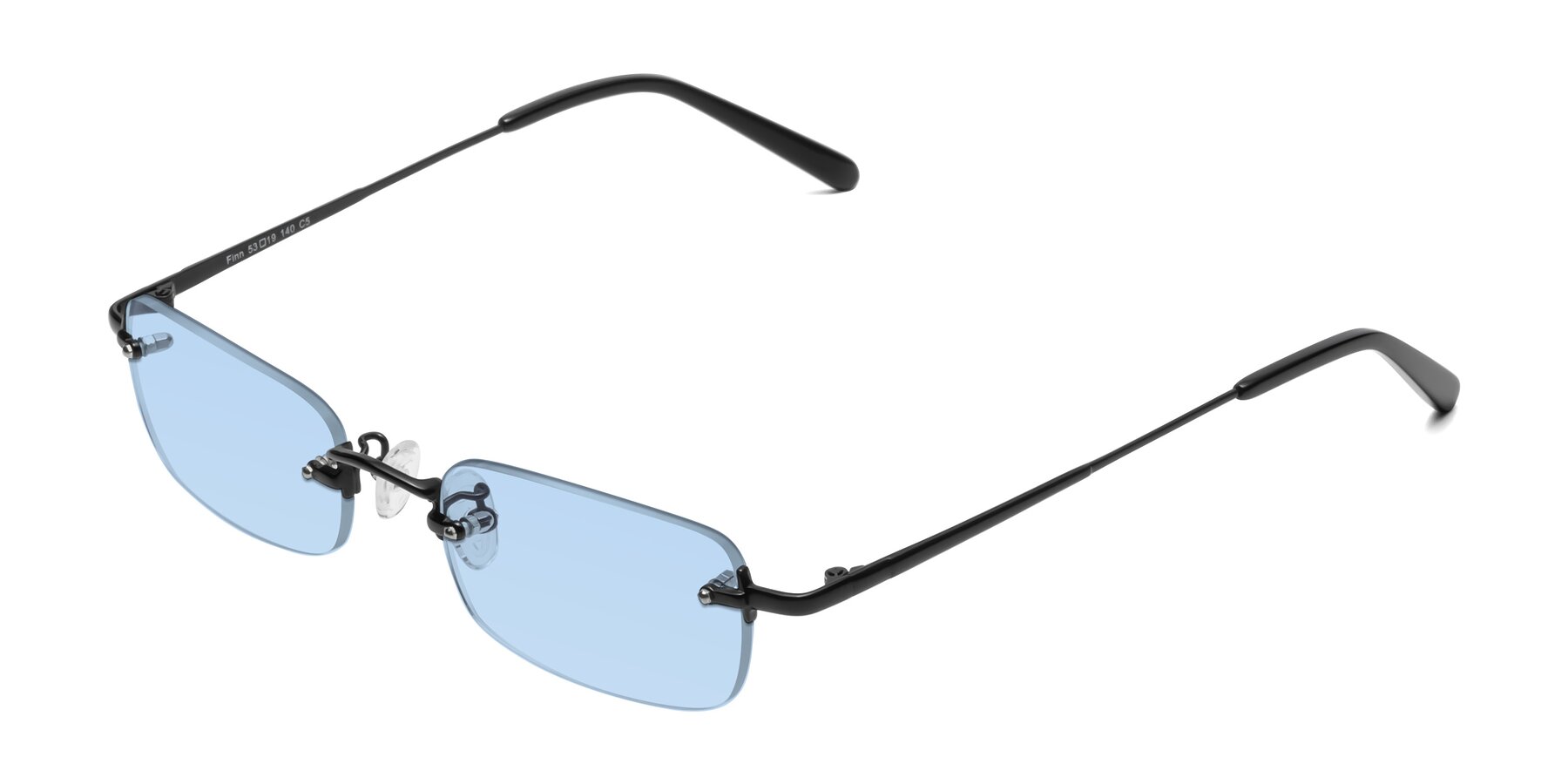 Angle of Finn in Black with Light Blue Tinted Lenses