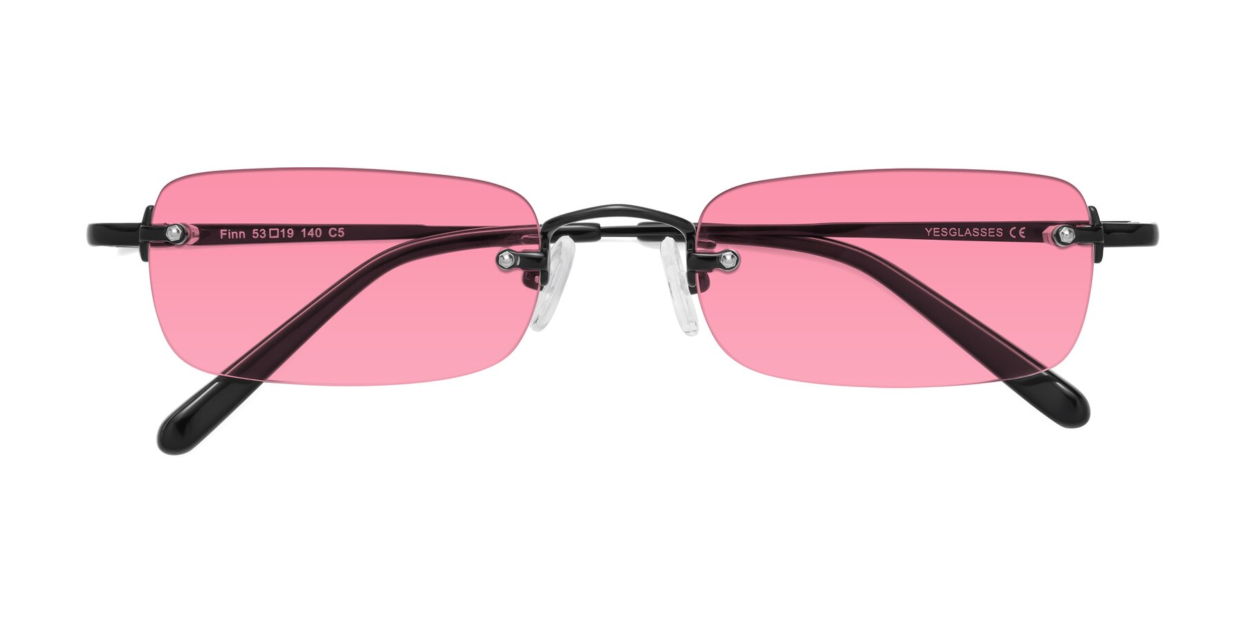 Folded Front of Finn in Black with Pink Tinted Lenses