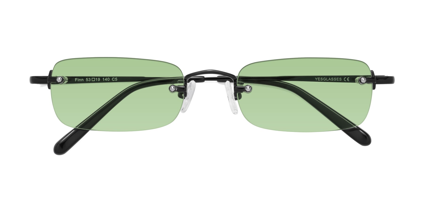 Folded Front of Finn in Black with Medium Green Tinted Lenses