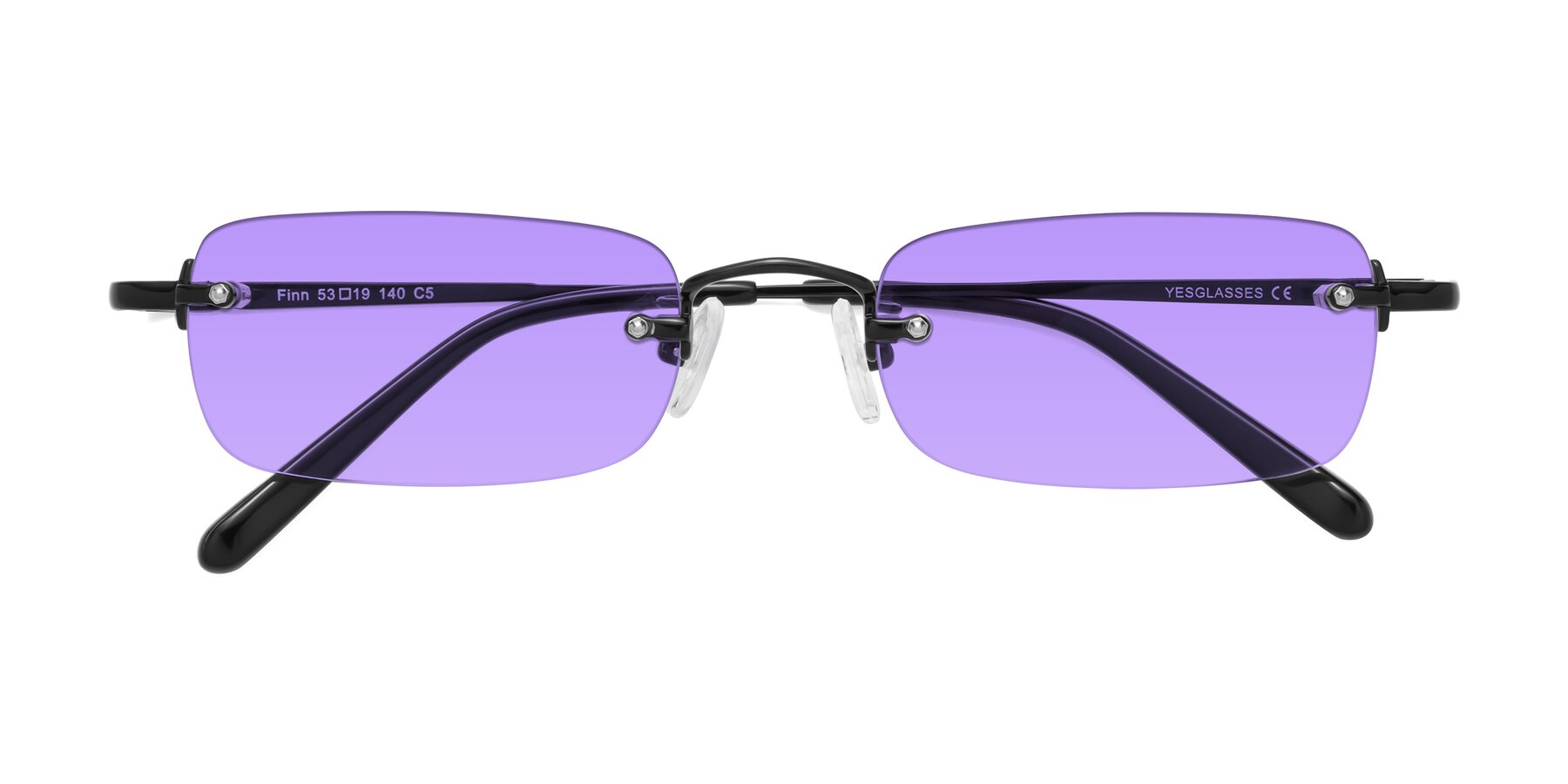 Folded Front of Finn in Black with Medium Purple Tinted Lenses