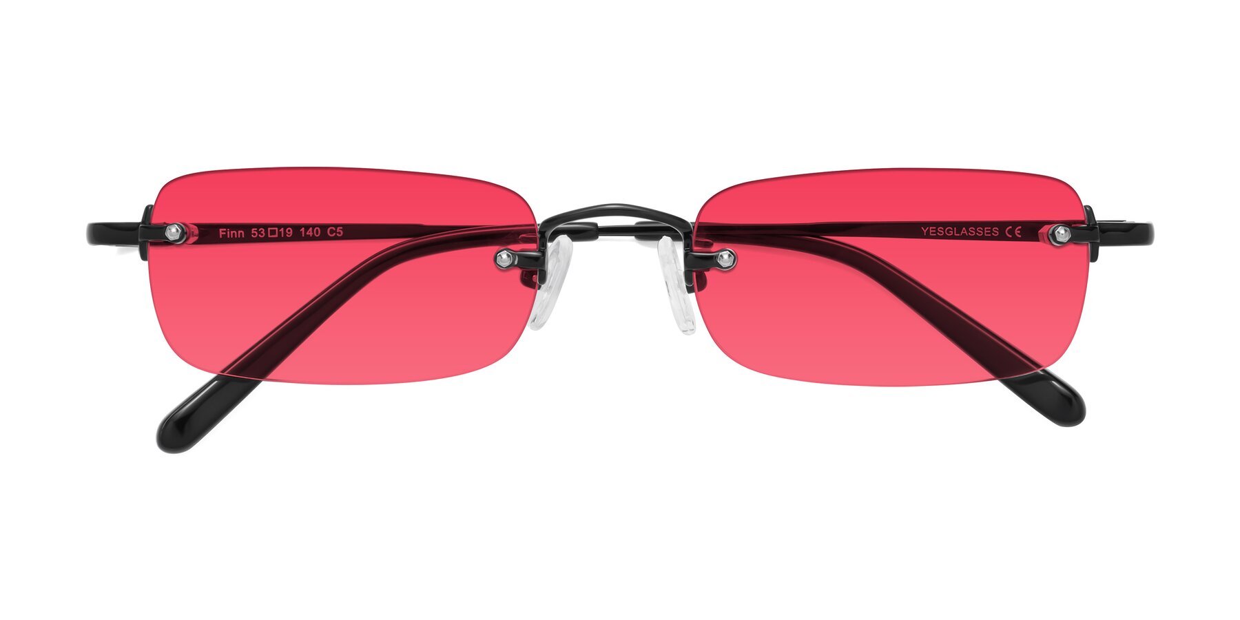 Folded Front of Finn in Black with Red Tinted Lenses