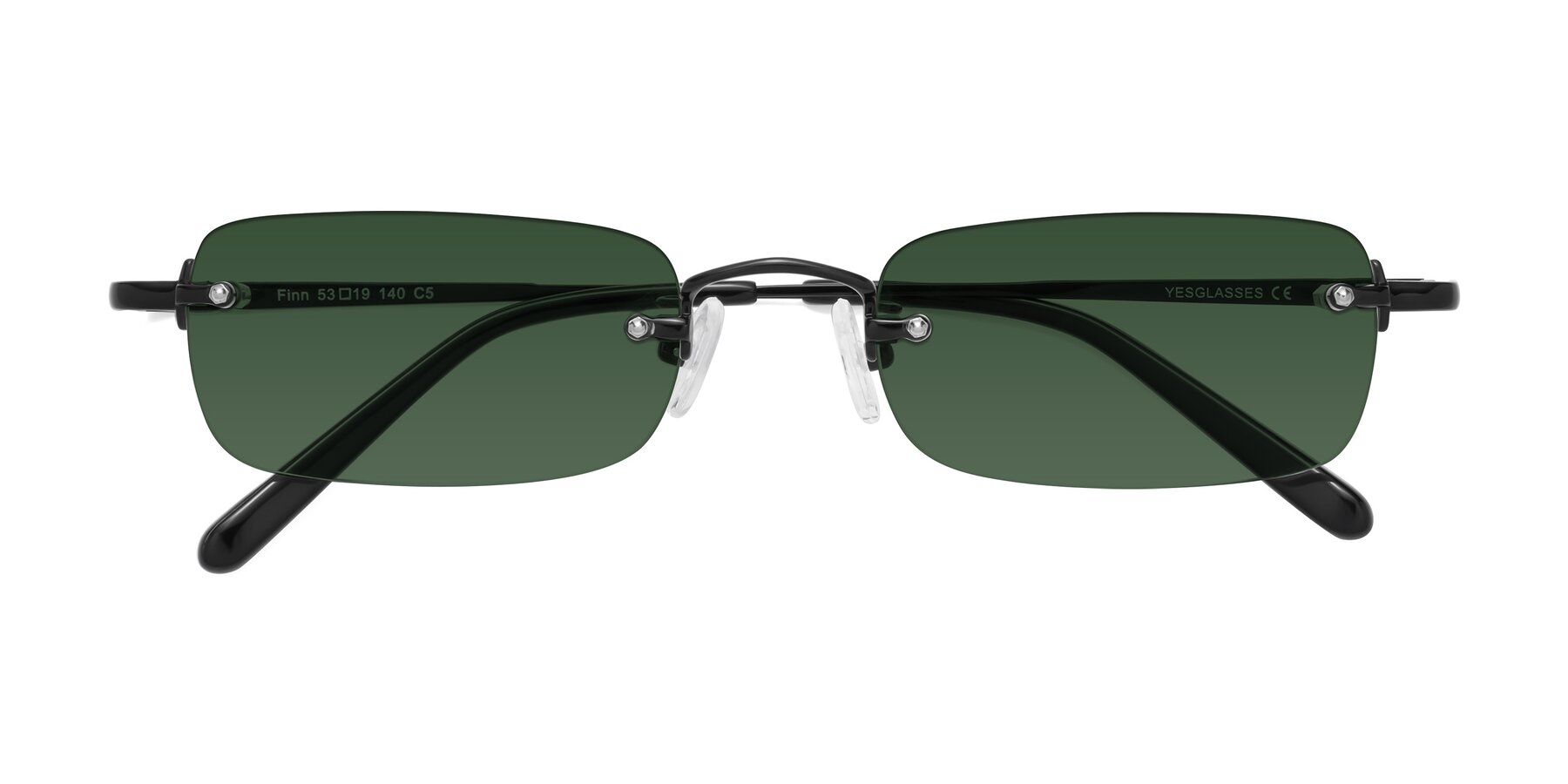 Folded Front of Finn in Black with Green Tinted Lenses