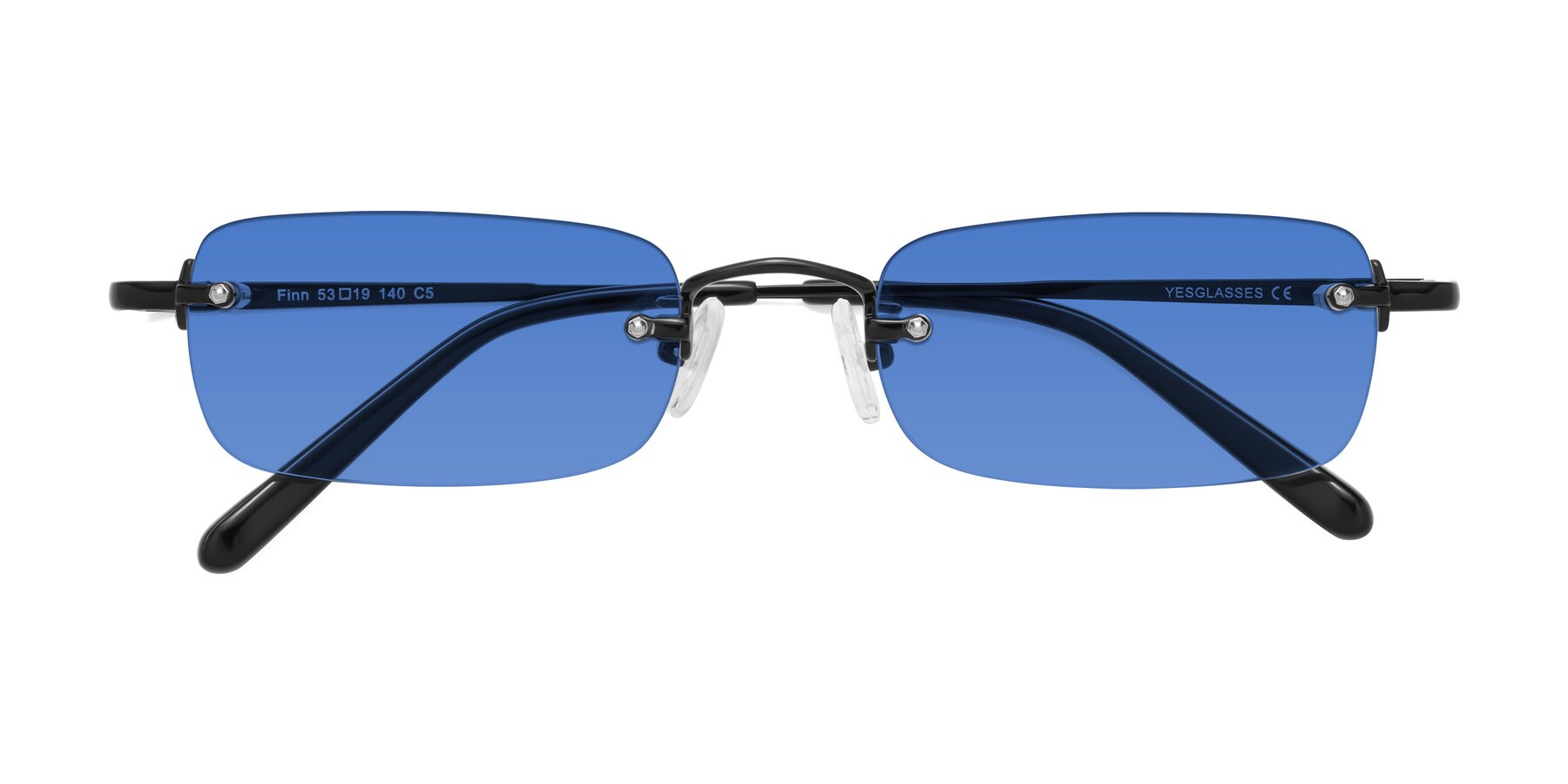 Folded Front of Finn in Black with Blue Tinted Lenses