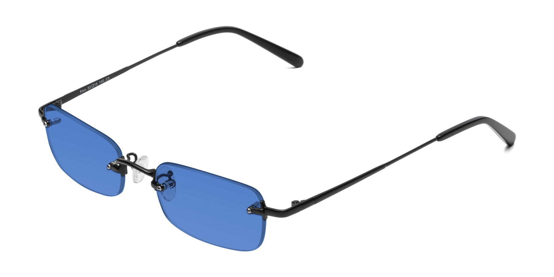 Angle of Finn in Black with Blue Tinted Lenses