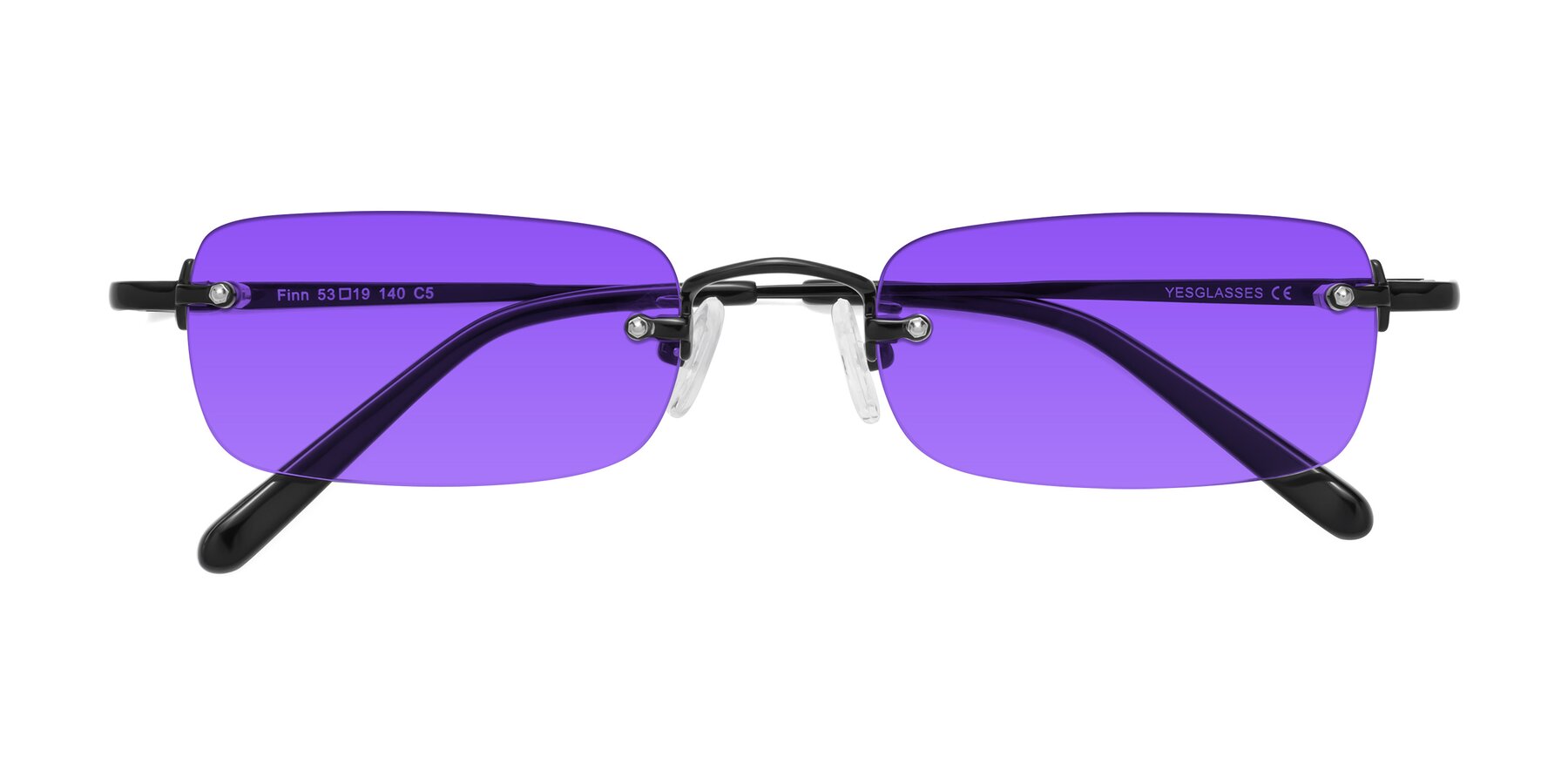Folded Front of Finn in Black with Purple Tinted Lenses