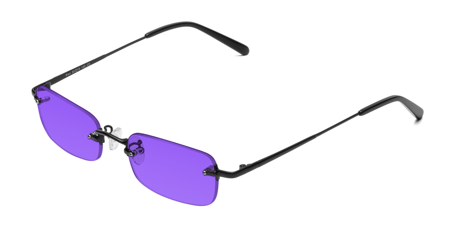 Angle of Finn in Black with Purple Tinted Lenses