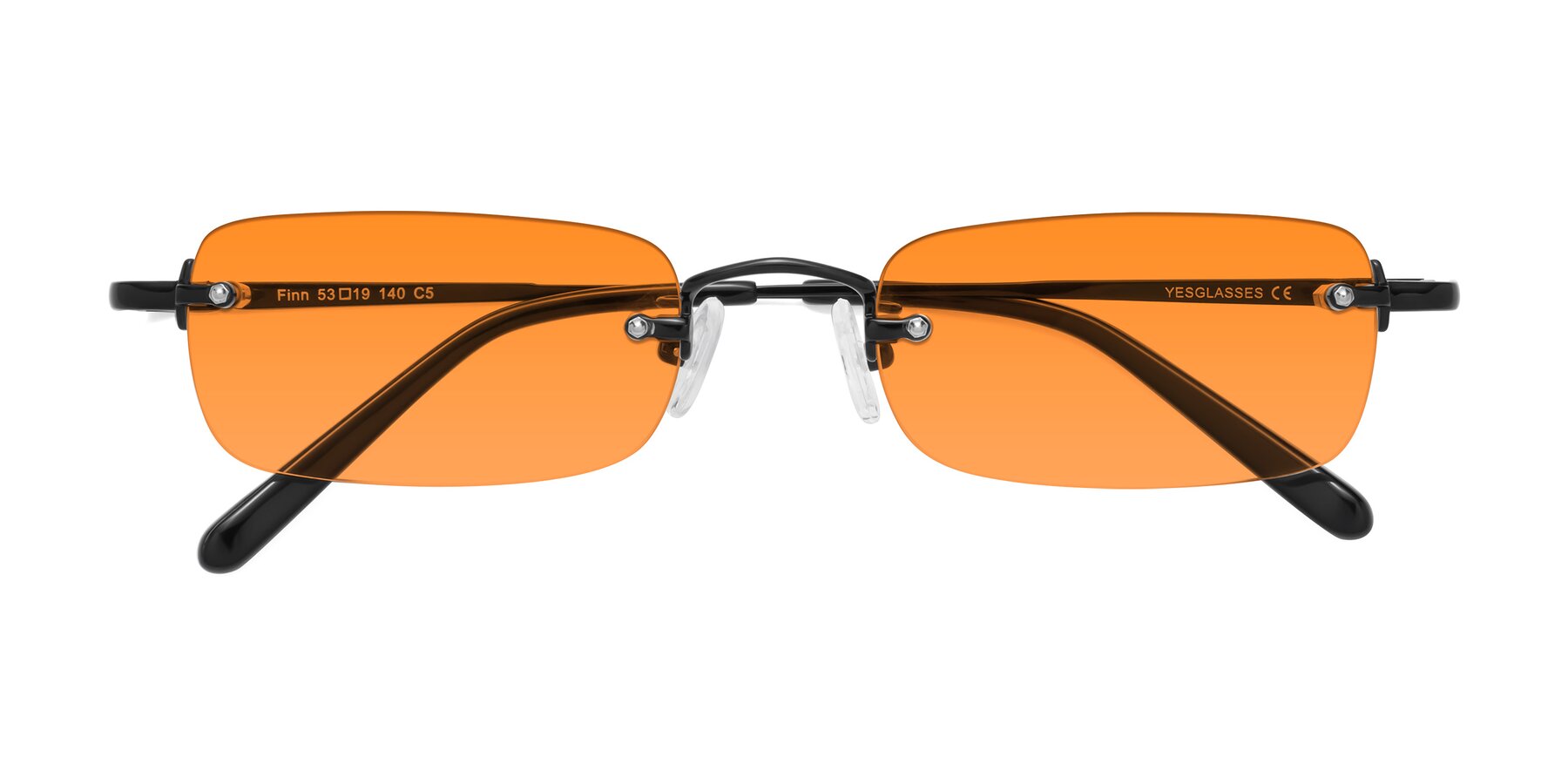 Folded Front of Finn in Black with Orange Tinted Lenses