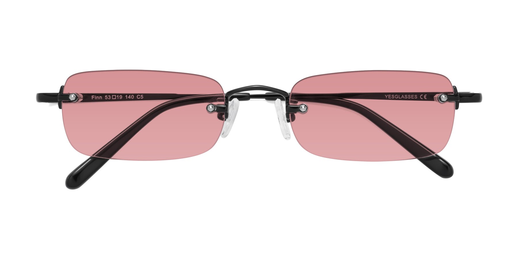 Folded Front of Finn in Black with Medium Garnet Tinted Lenses