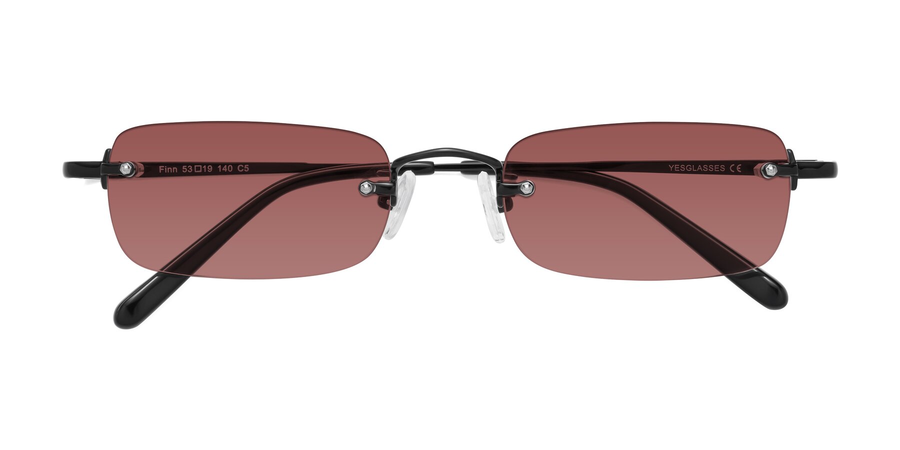 Folded Front of Finn in Black with Garnet Tinted Lenses