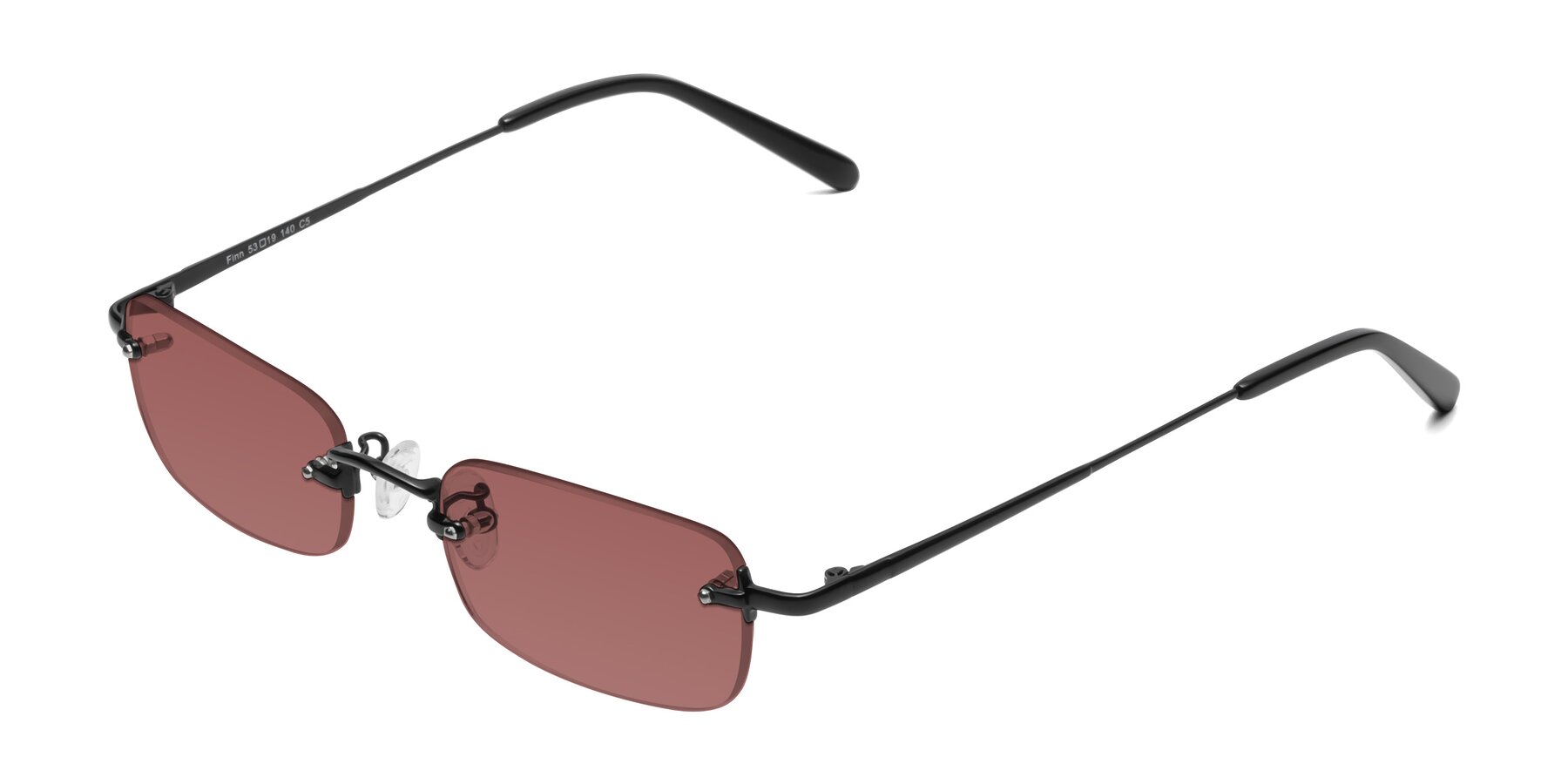 Angle of Finn in Black with Garnet Tinted Lenses