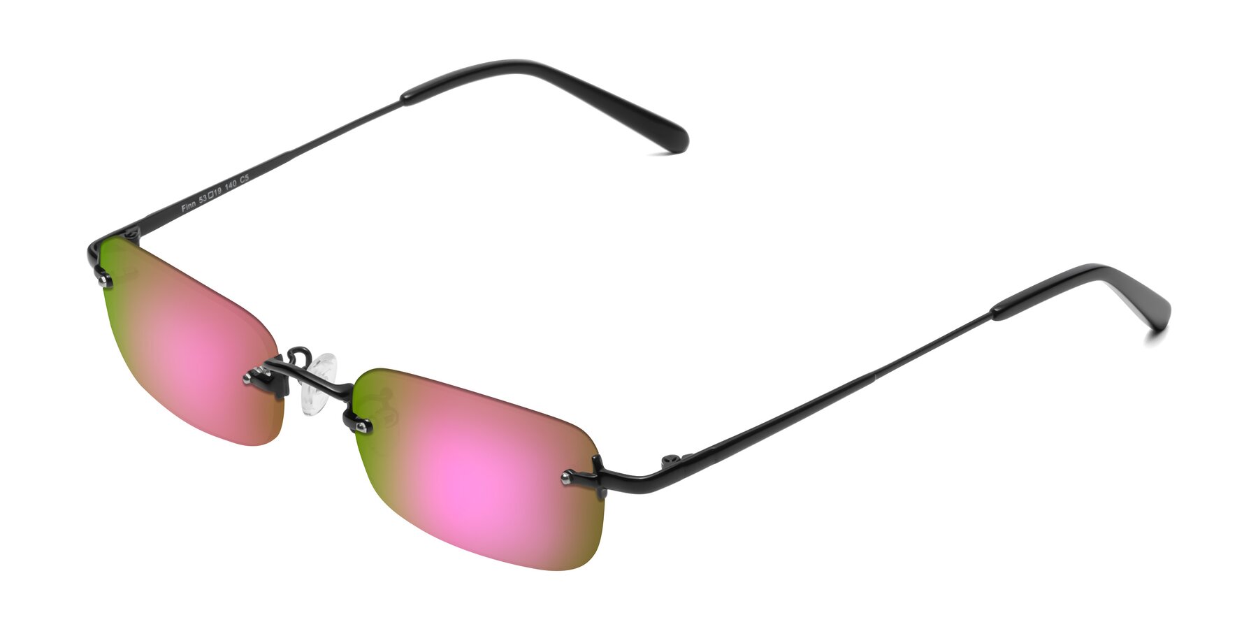 Angle of Finn in Black with Pink Mirrored Lenses