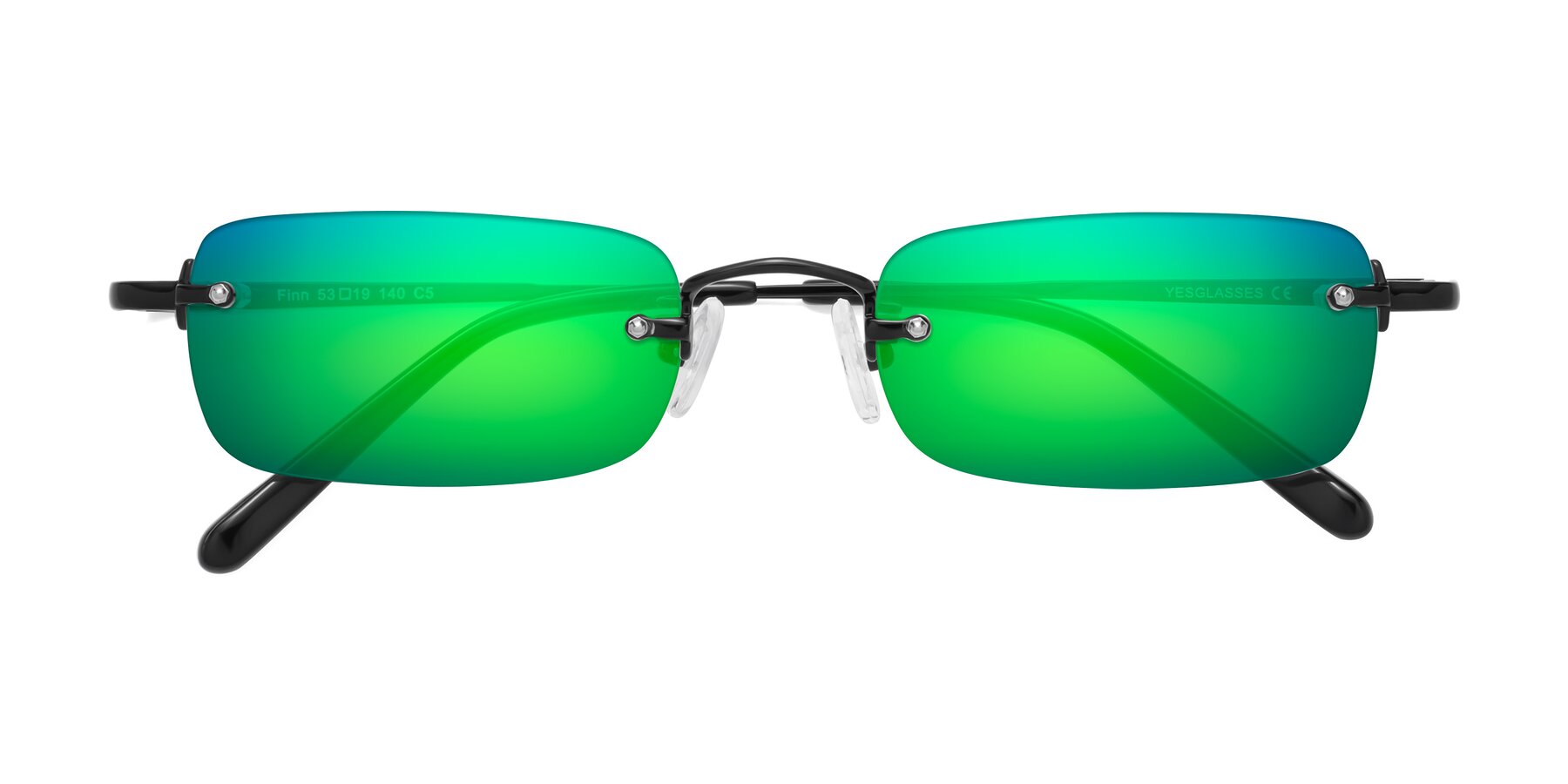 Folded Front of Finn in Black with Green Mirrored Lenses