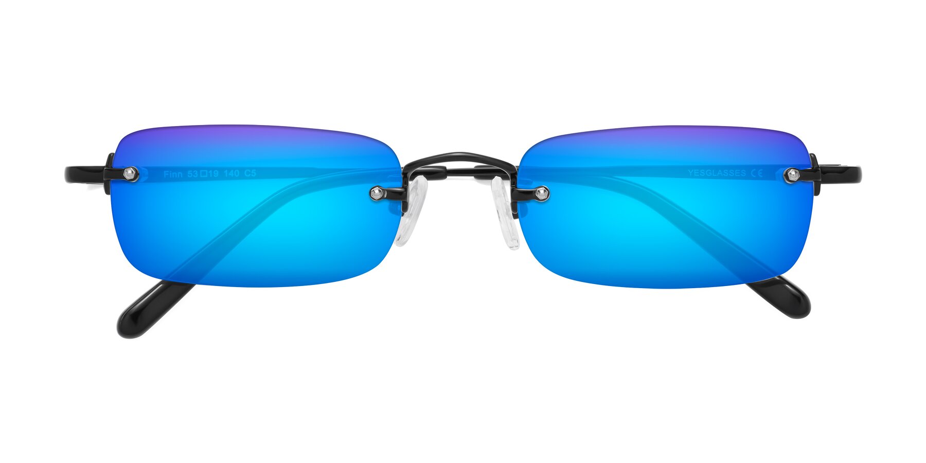 Folded Front of Finn in Black with Blue Mirrored Lenses