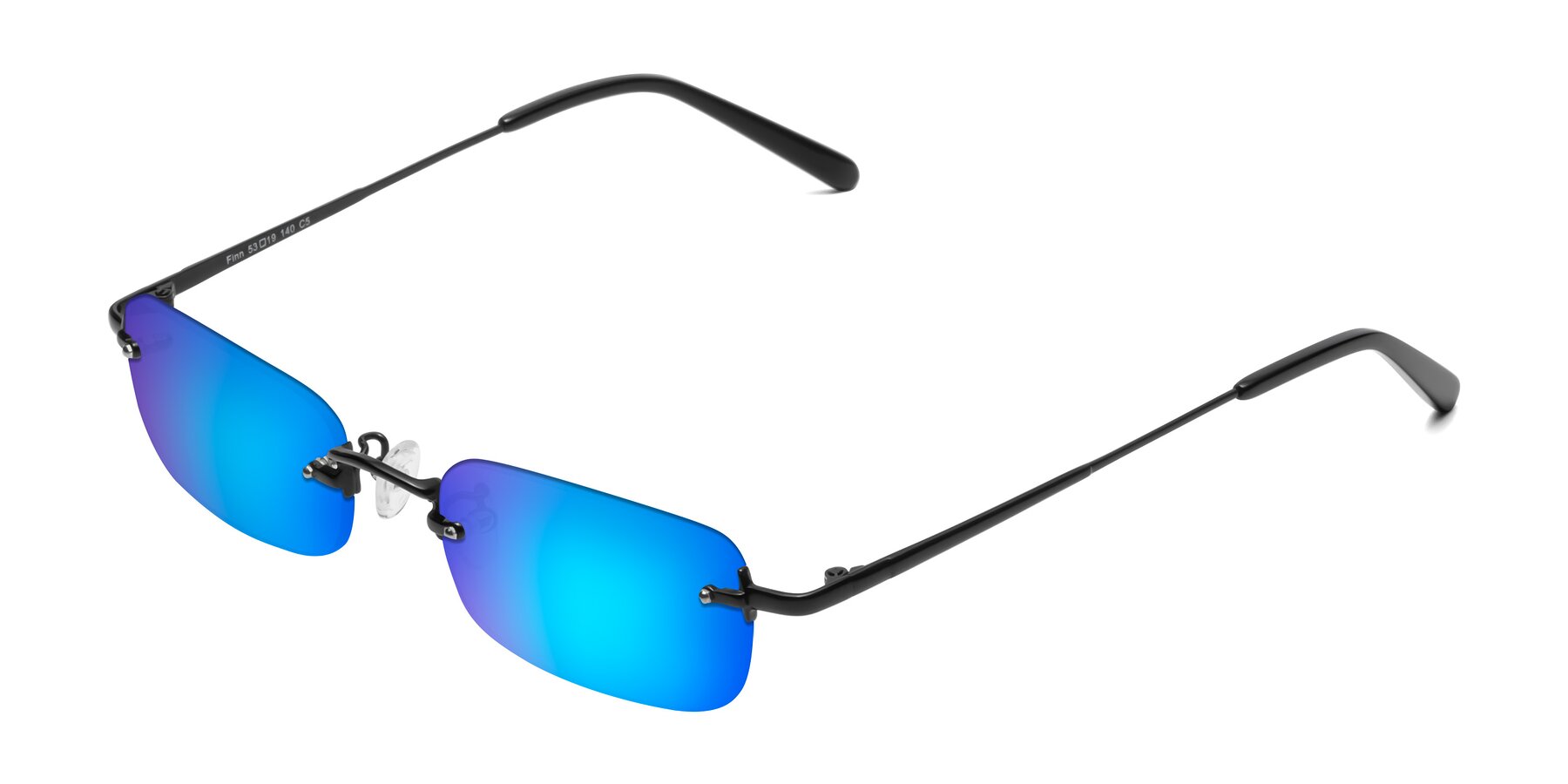 Angle of Finn in Black with Blue Mirrored Lenses