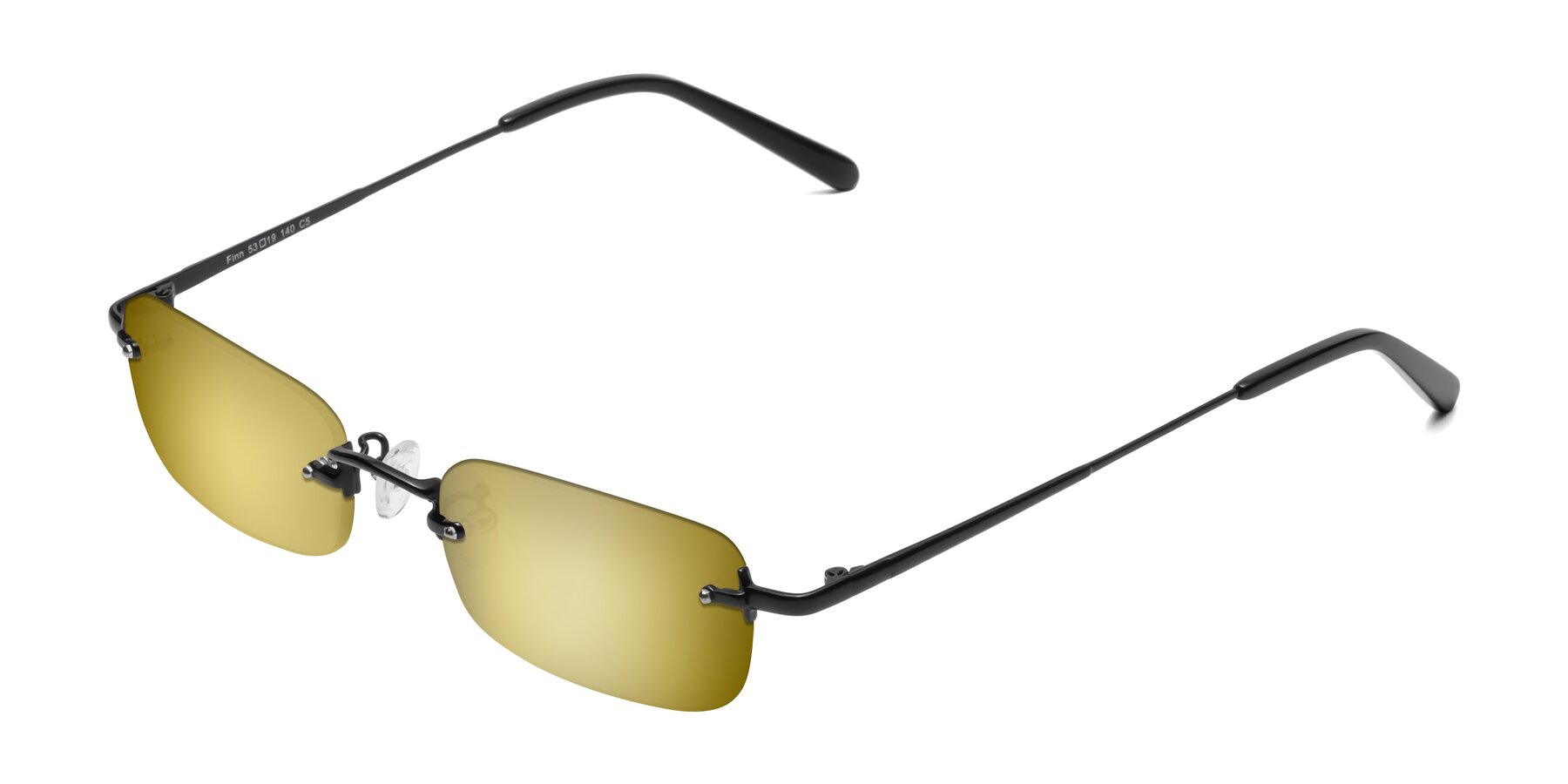 Angle of Finn in Black with Gold Mirrored Lenses