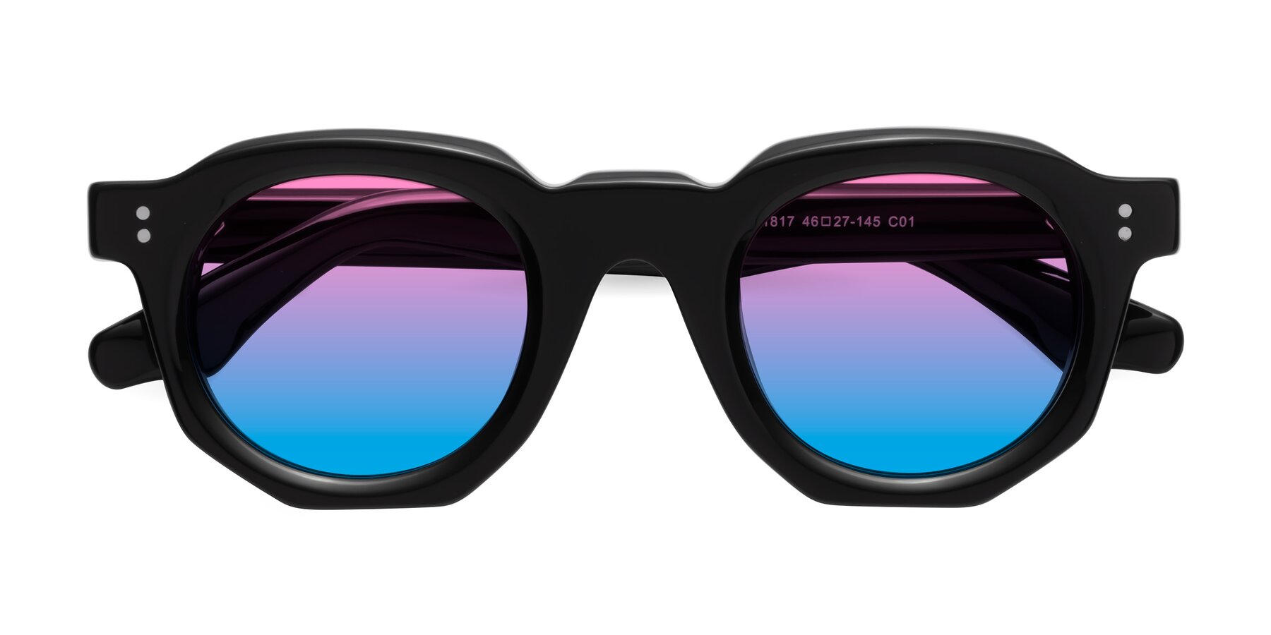 Folded Front of Clio in Black with Pink / Blue Gradient Lenses