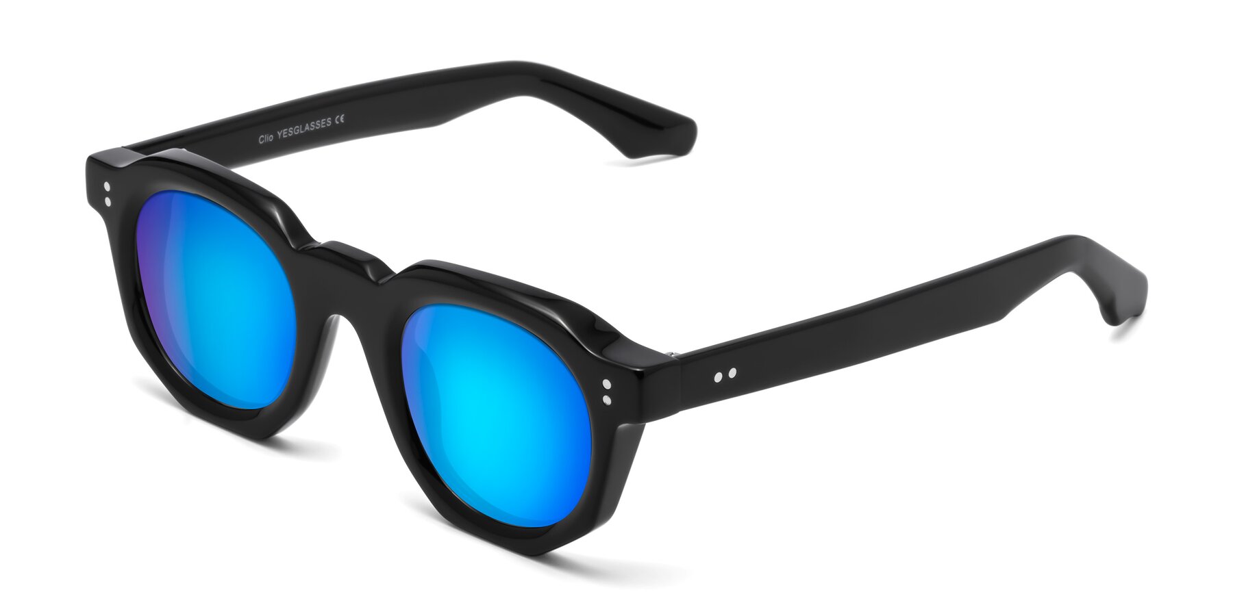 Angle of Clio in Black with Blue Mirrored Lenses