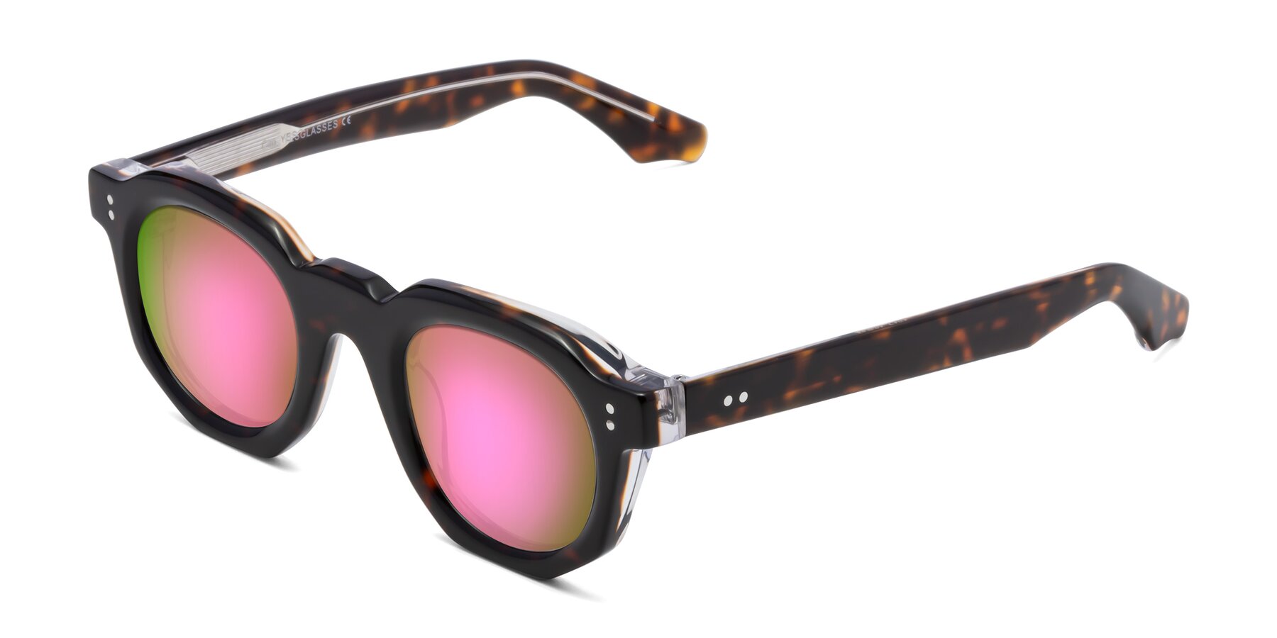 Angle of Clio in Tortoise with Pink Mirrored Lenses