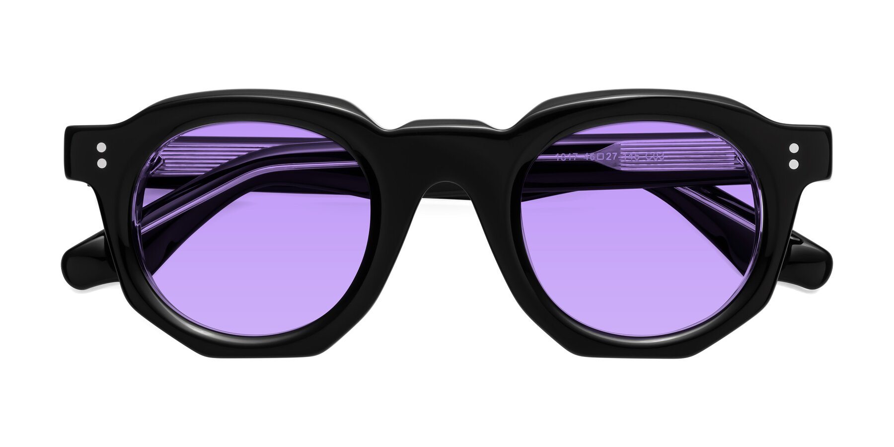 Folded Front of Clio in Black-Clear with Medium Purple Tinted Lenses