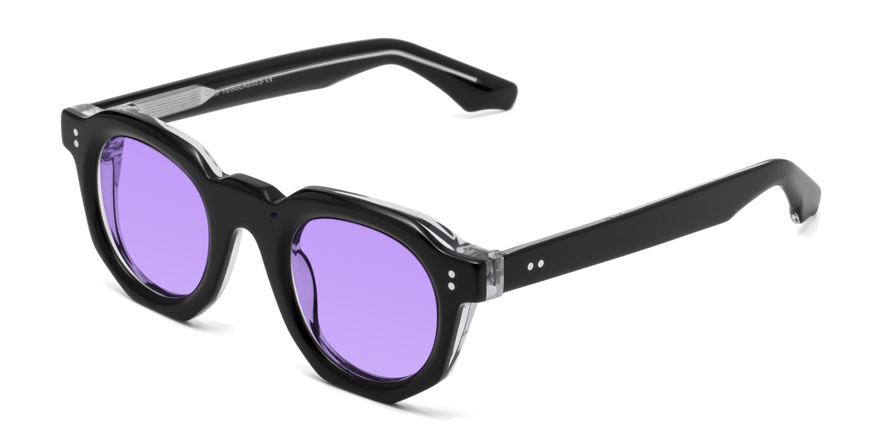 Angle of Clio in Black-Clear with Medium Purple Tinted Lenses