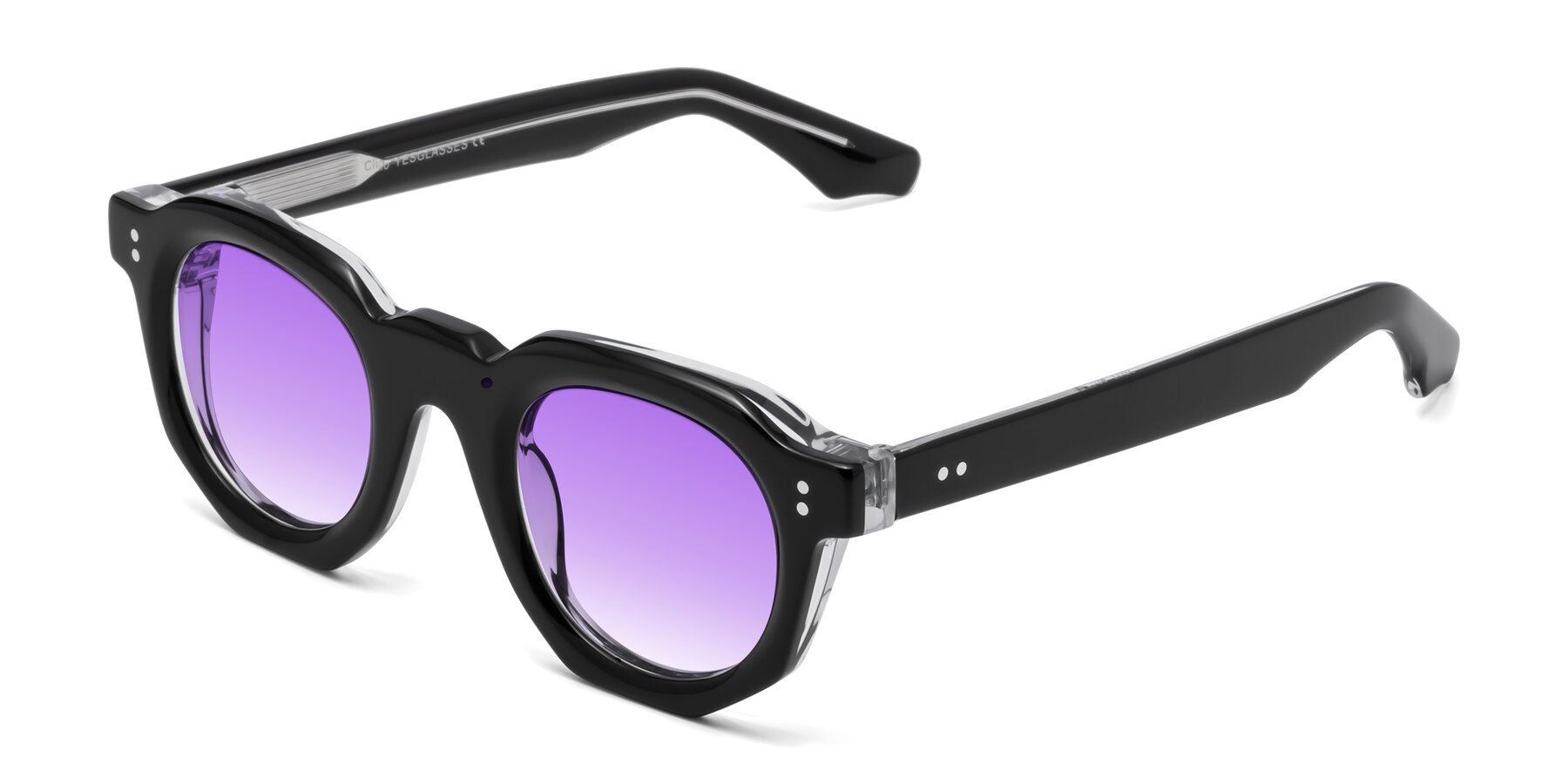 Angle of Clio in Black-Clear with Purple Gradient Lenses