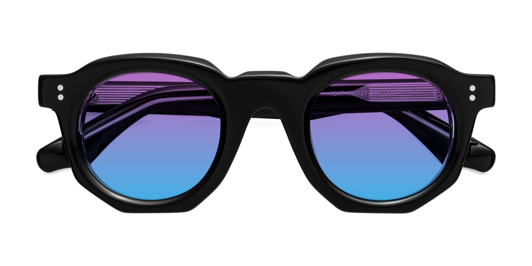 Folded Front of Clio in Black-Clear with Purple / Blue Gradient Lenses