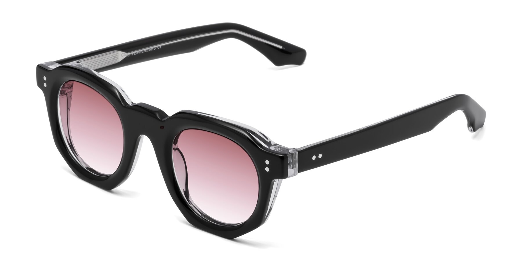 Angle of Clio in Black-Clear with Garnet Gradient Lenses