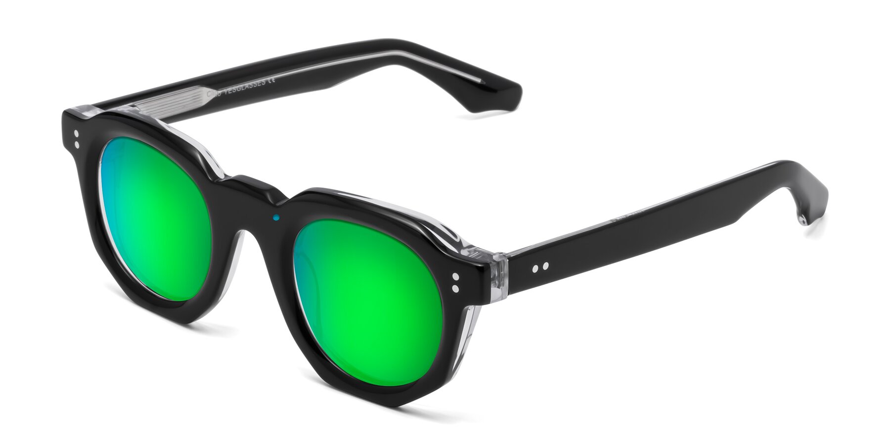 Angle of Clio in Black-Clear with Green Mirrored Lenses