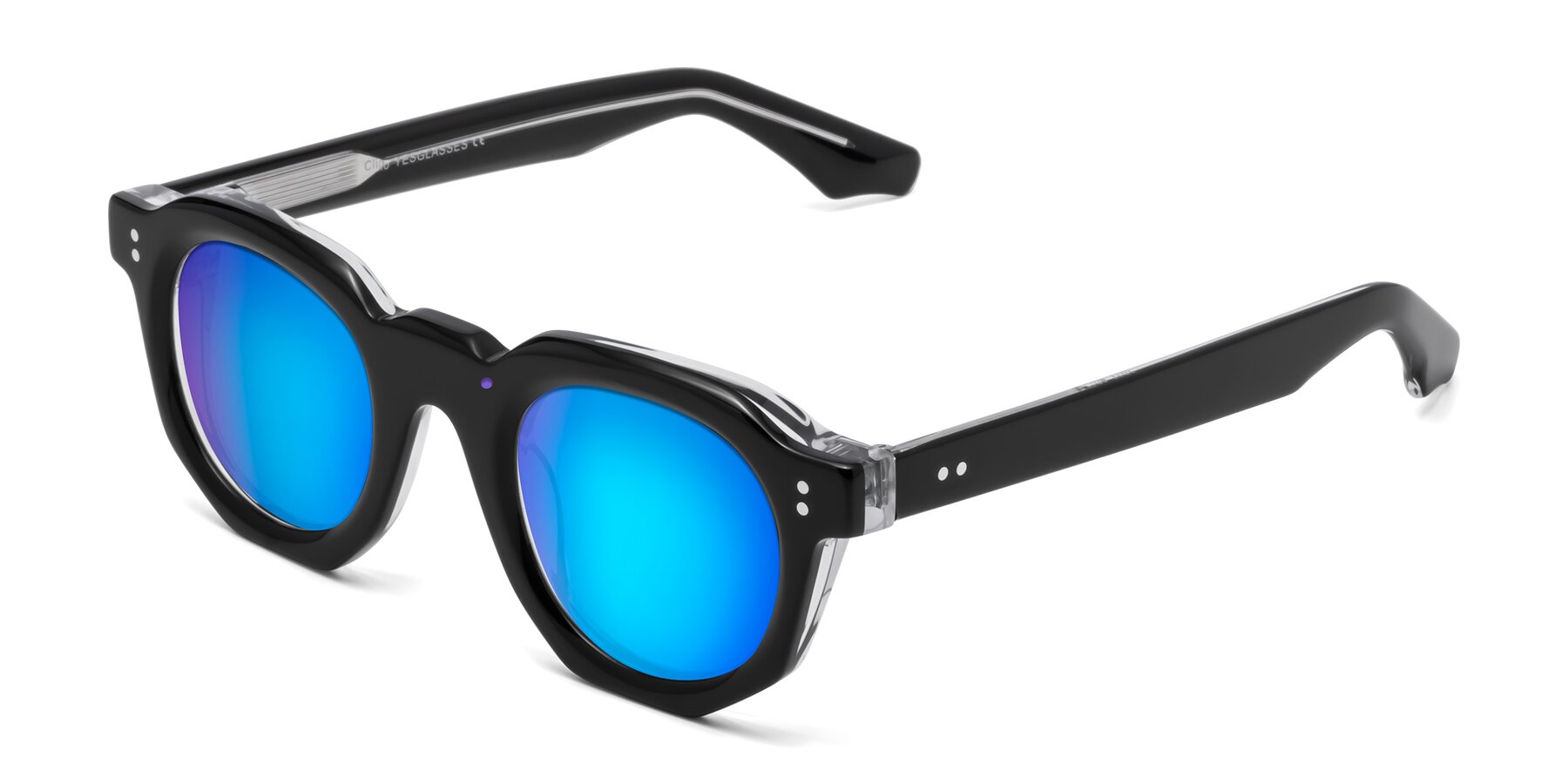 Angle of Clio in Black-Clear with Blue Mirrored Lenses
