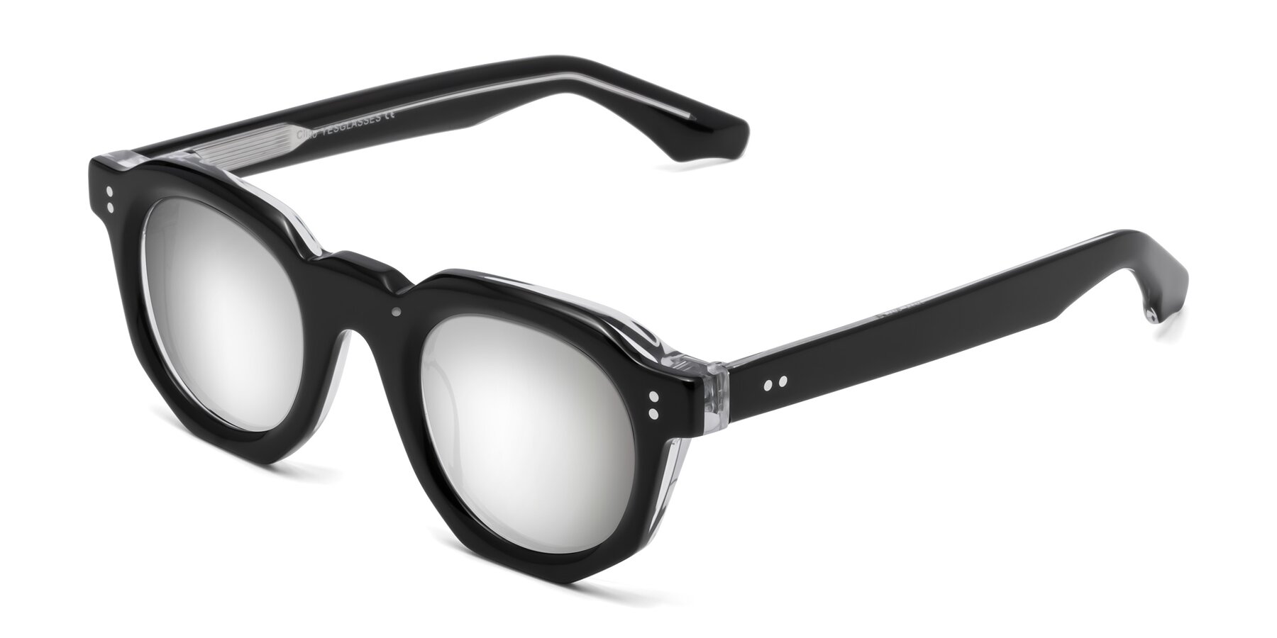 Angle of Clio in Black-Clear with Silver Mirrored Lenses