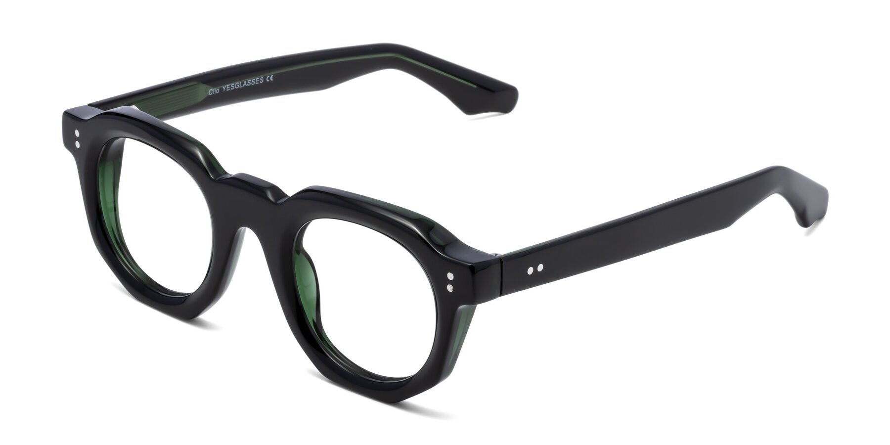 Angle of Clio in Black-Green with Clear Blue Light Blocking Lenses