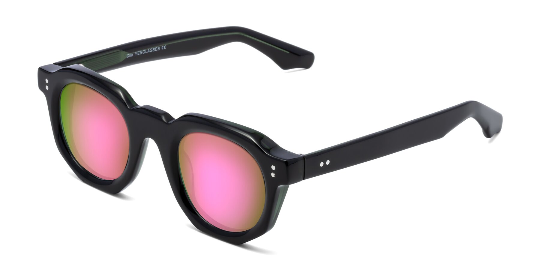 Angle of Clio in Black-Green with Pink Mirrored Lenses