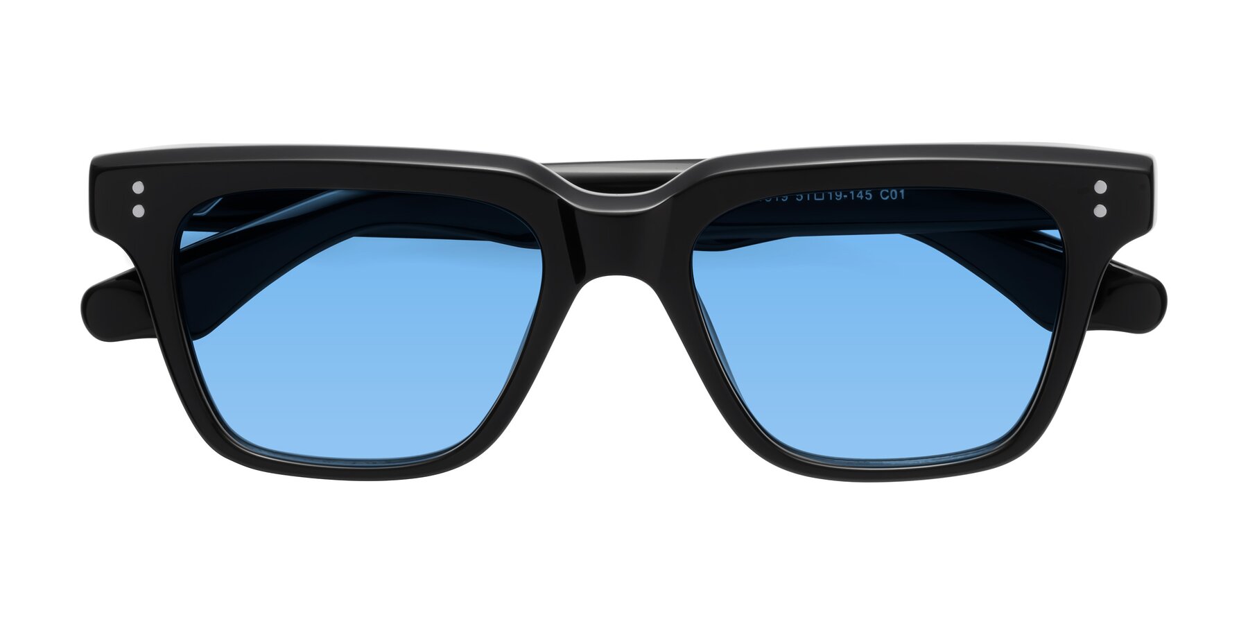 Folded Front of Gates in Black with Medium Blue Tinted Lenses