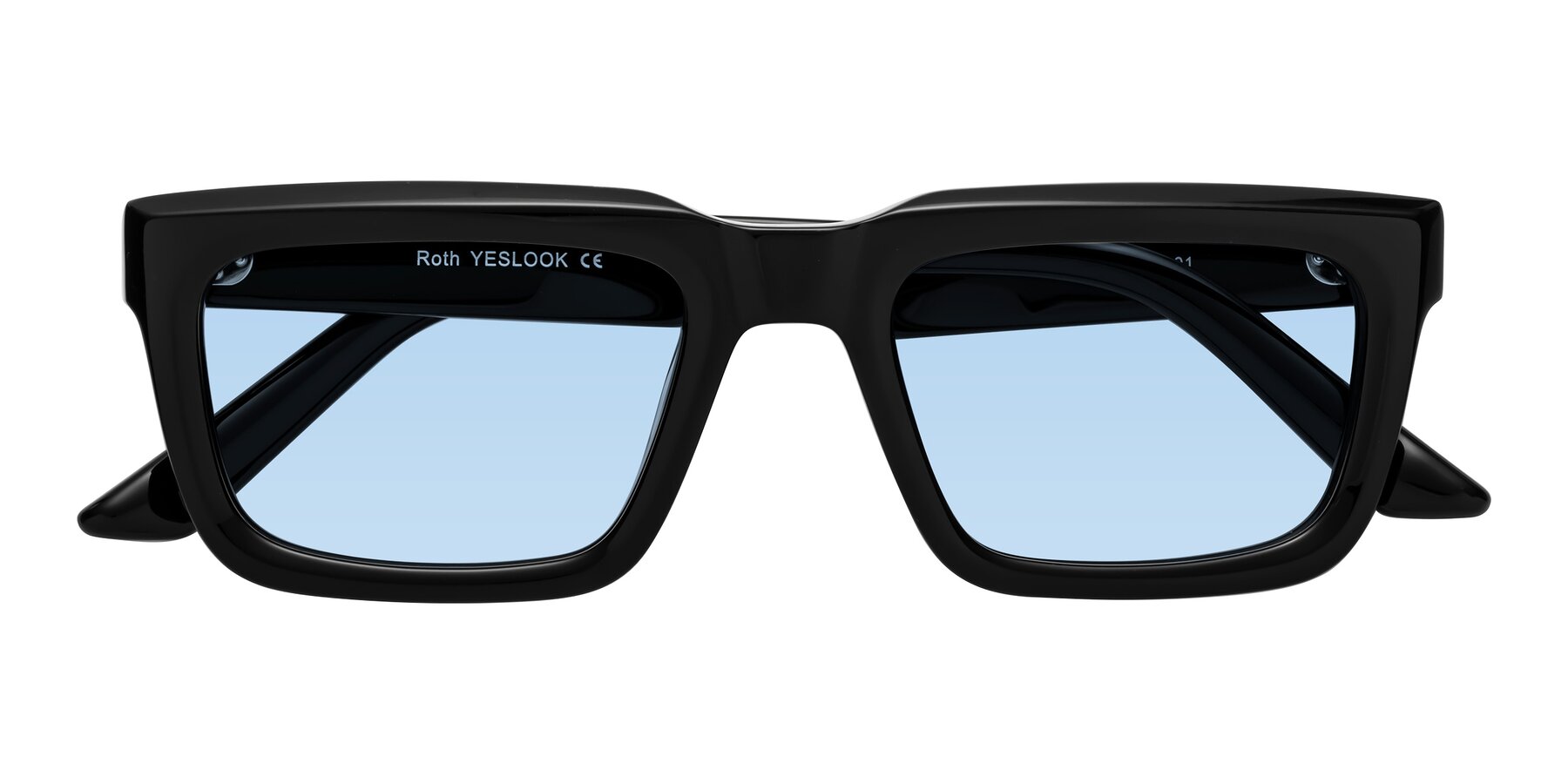 Folded Front of Roth in Black with Light Blue Tinted Lenses