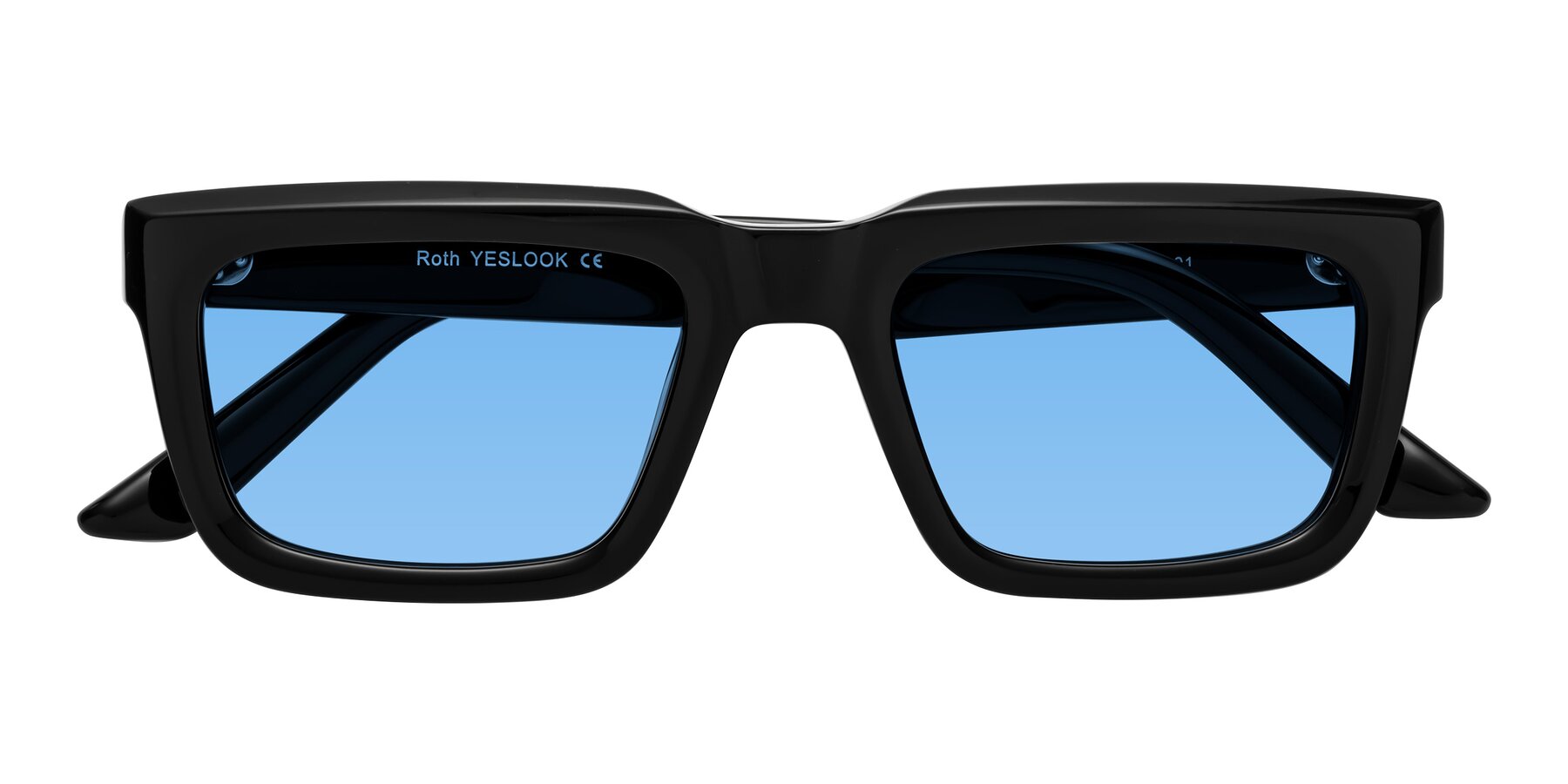 Folded Front of Roth in Black with Medium Blue Tinted Lenses