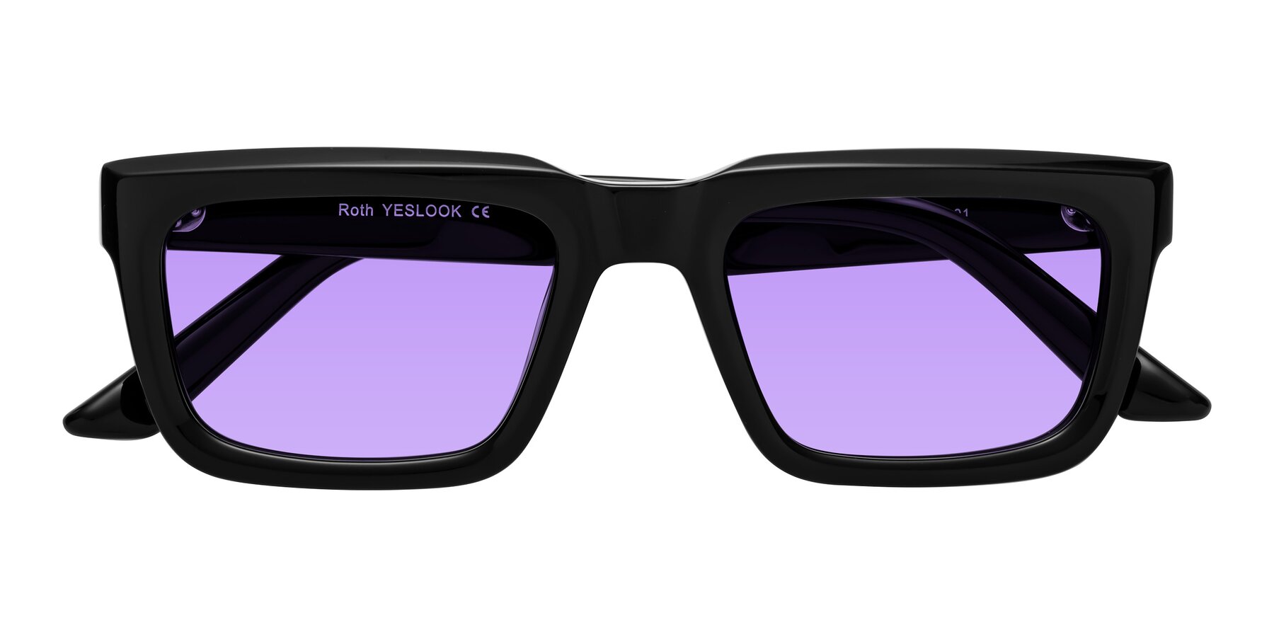 Folded Front of Roth in Black with Medium Purple Tinted Lenses