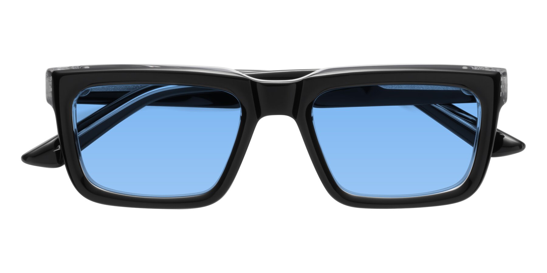 Folded Front of Roth in Black-Clear with Medium Blue Tinted Lenses