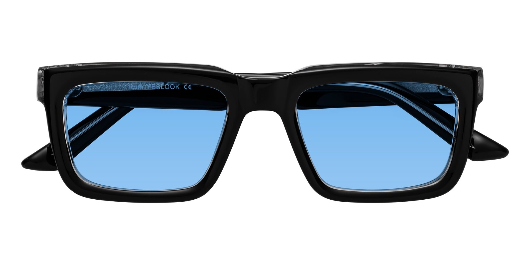 Folded Front of Roth in Black-Clear with Medium Blue Tinted Lenses