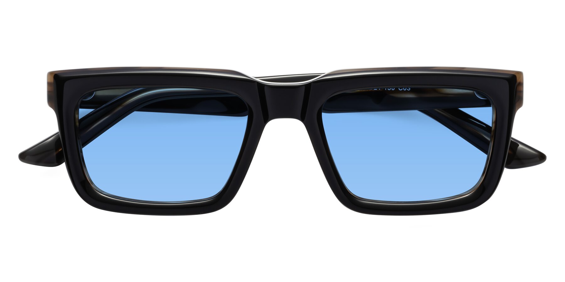 Folded Front of Roth in Black-Gray Moonstone with Medium Blue Tinted Lenses