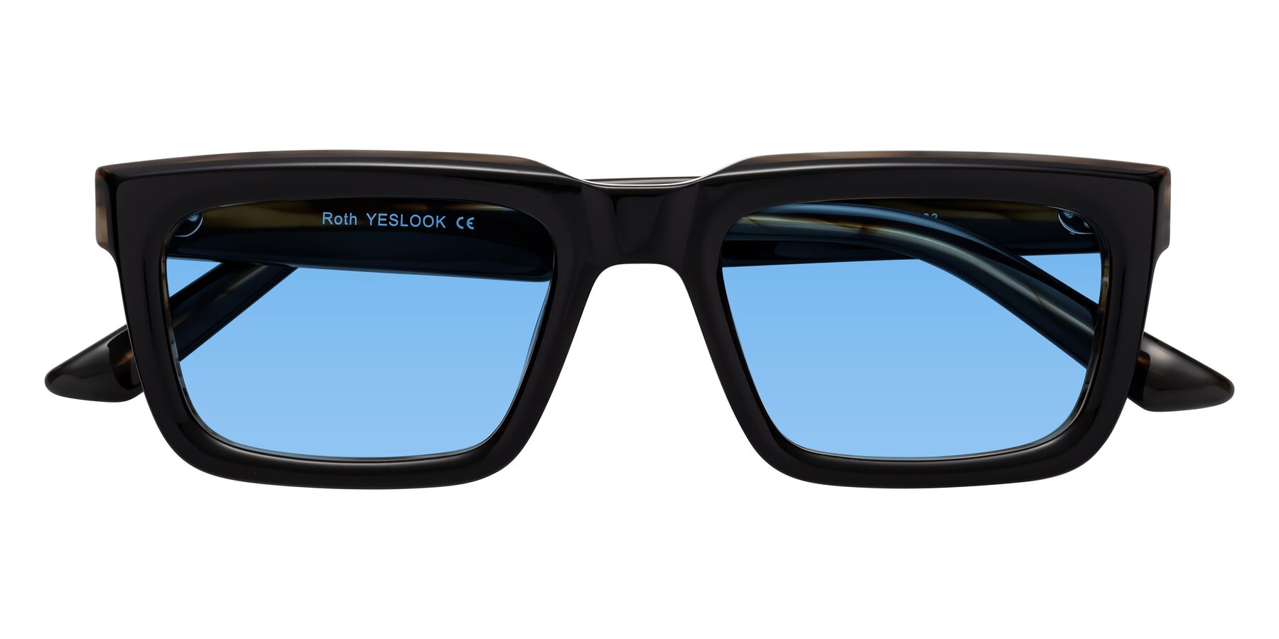 Folded Front of Roth in Black-Gray Moonstone with Medium Blue Tinted Lenses