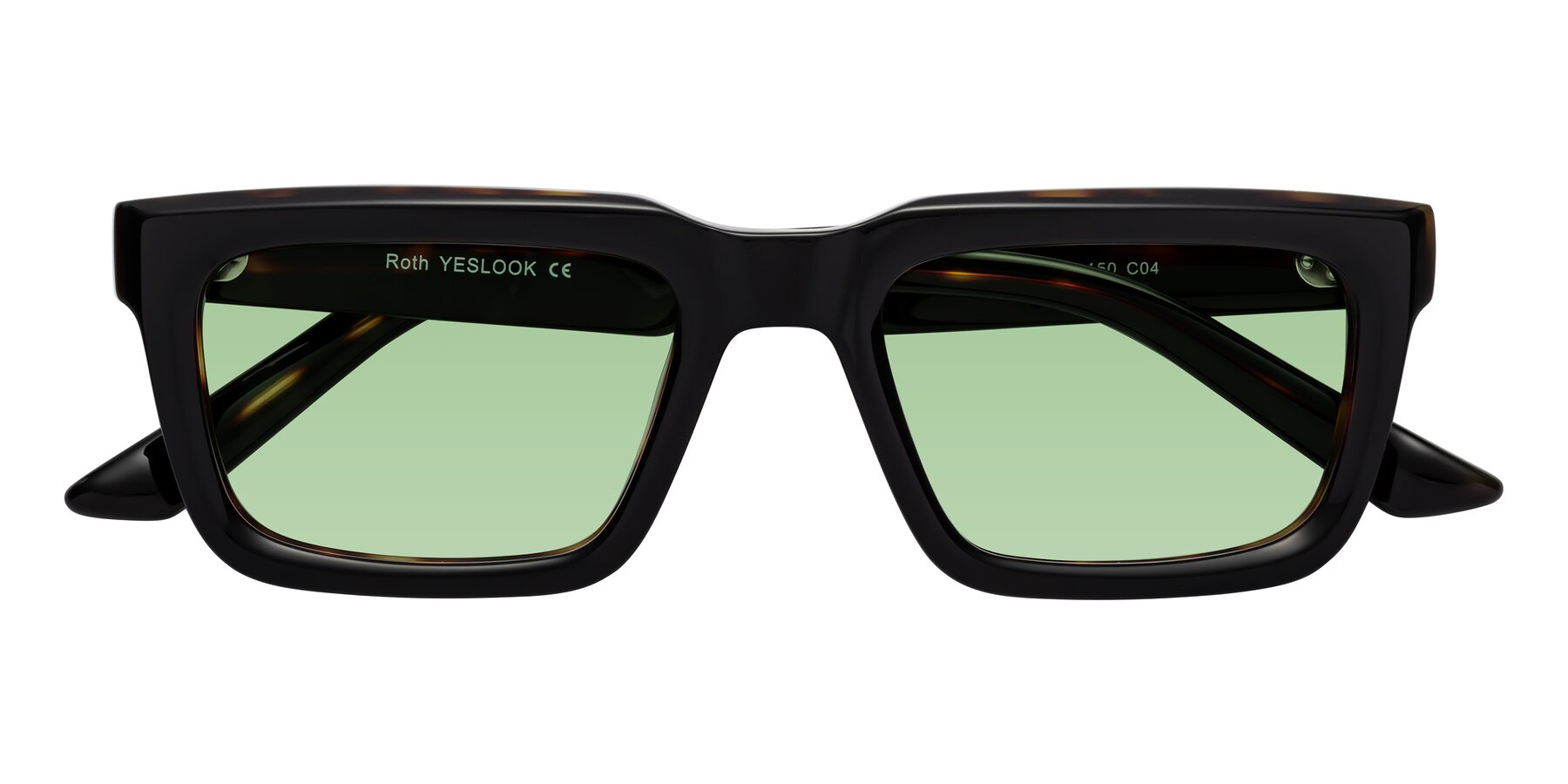 Folded Front of Roth in Black-Tortoise with Medium Green Tinted Lenses