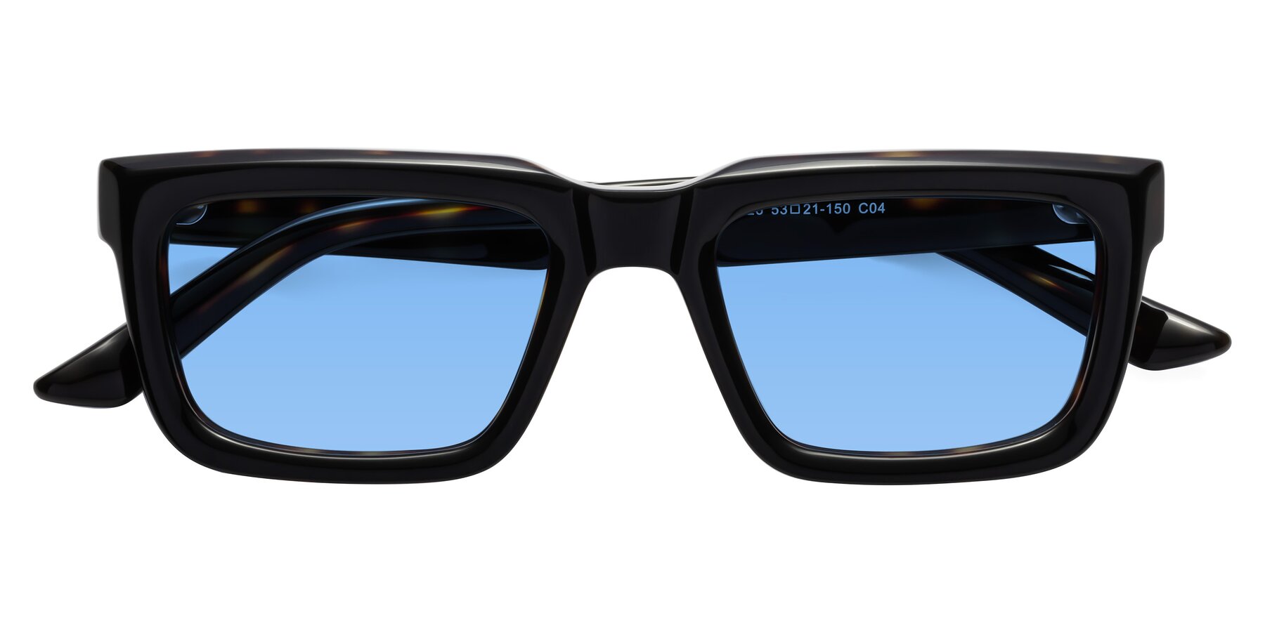 Folded Front of Roth in Black-Tortoise with Medium Blue Tinted Lenses