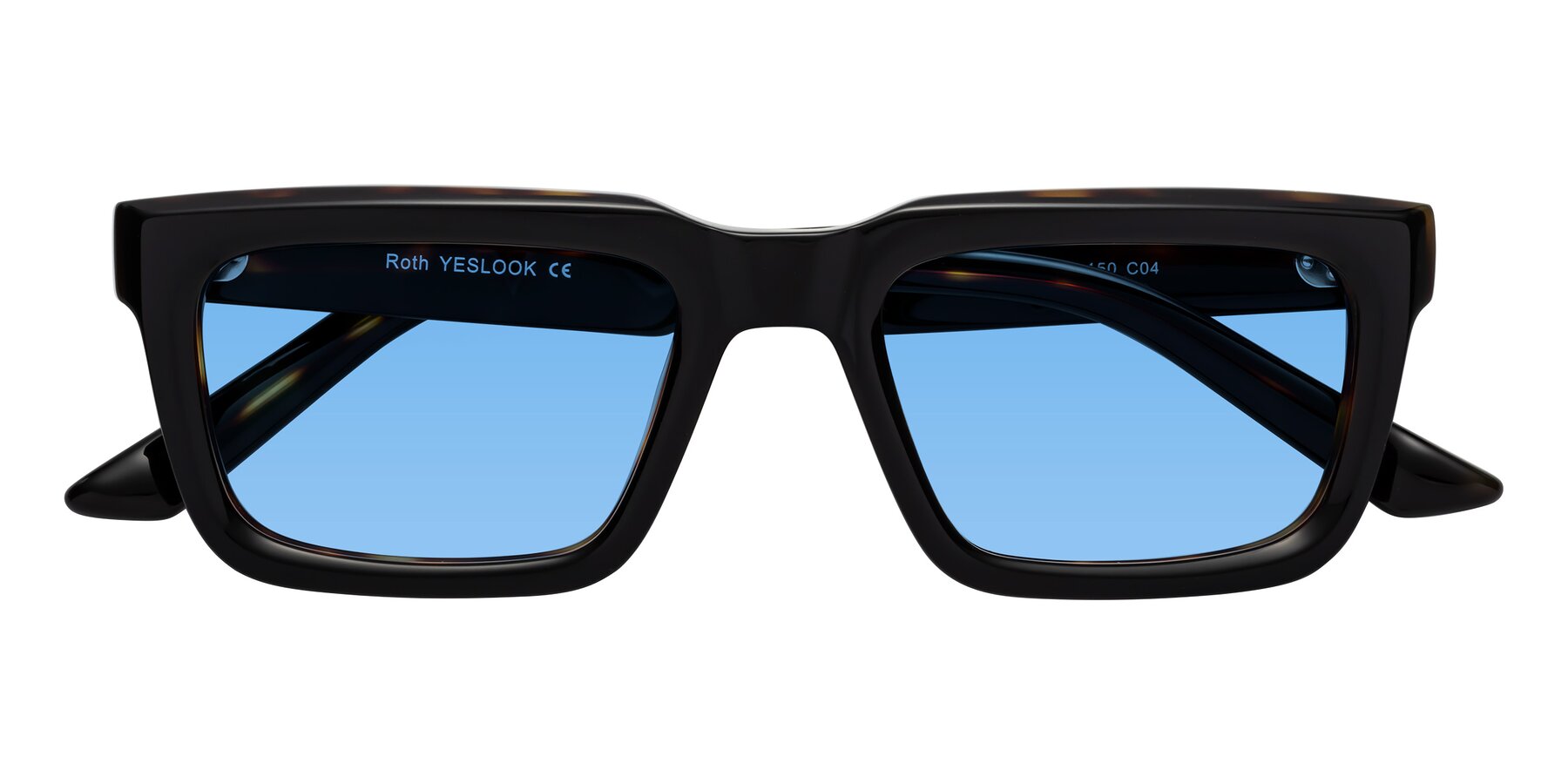 Folded Front of Roth in Black-Tortoise with Medium Blue Tinted Lenses