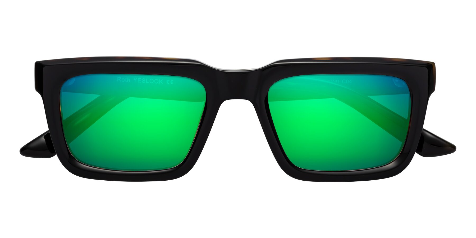 Folded Front of Roth in Black-Tortoise with Green Mirrored Lenses