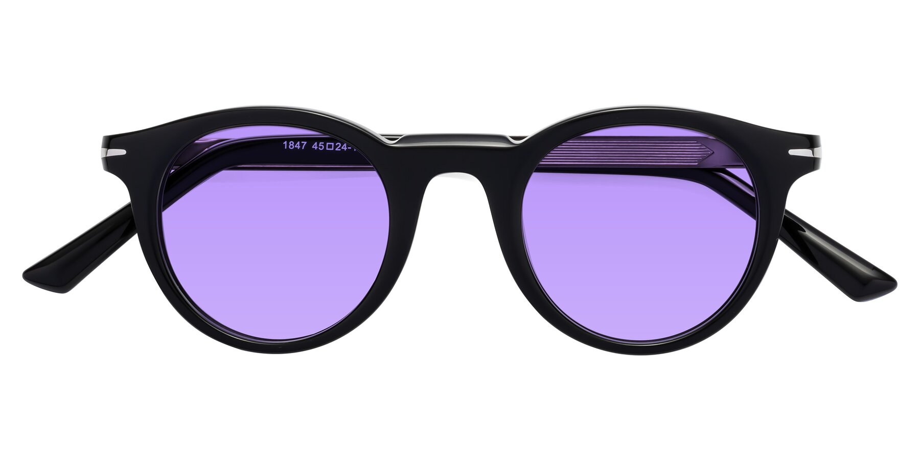 Folded Front of Cycle in Black with Medium Purple Tinted Lenses