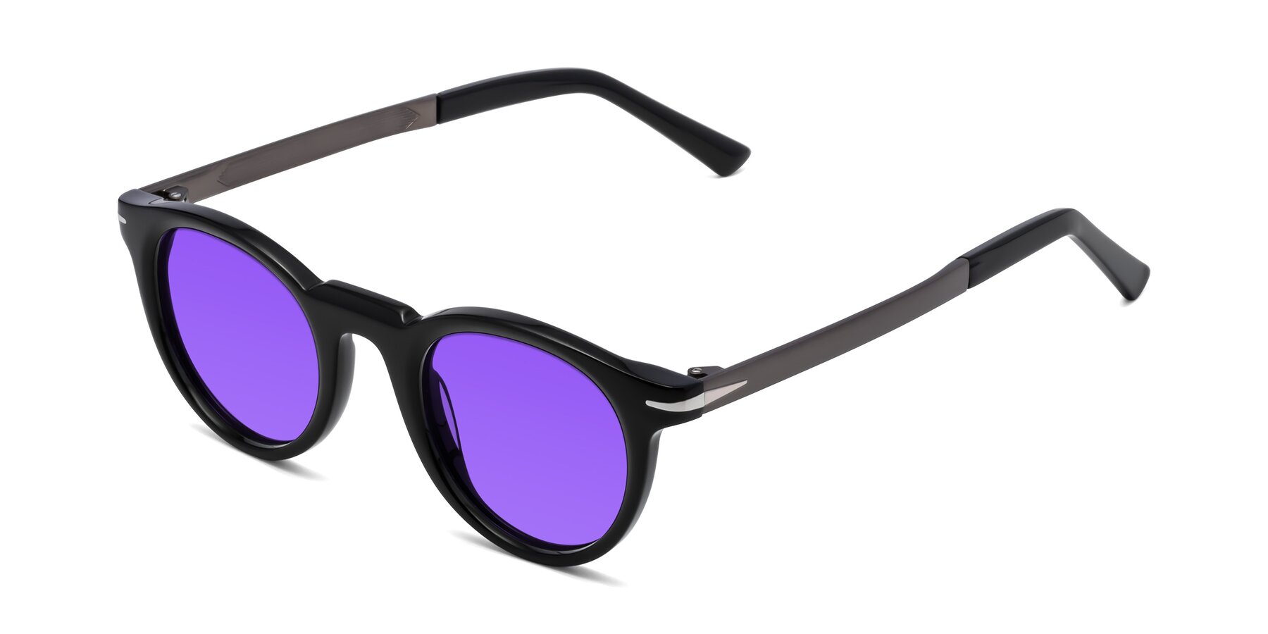 Angle of Cycle in Black with Purple Tinted Lenses