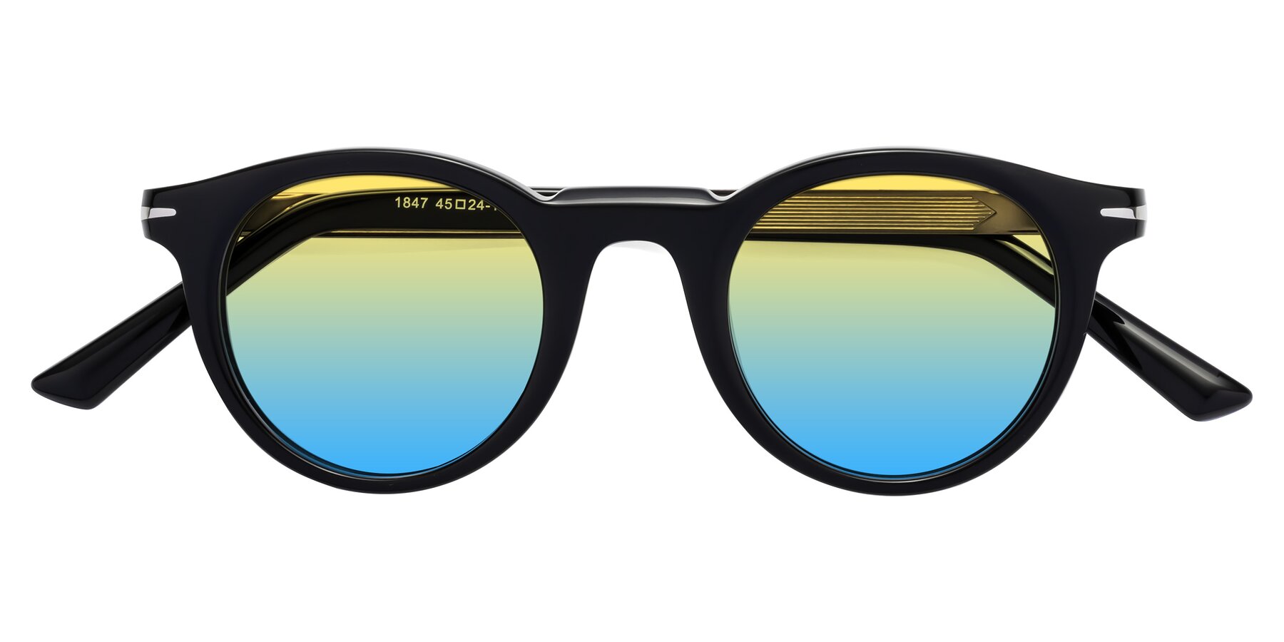 Folded Front of Cycle in Black with Yellow / Blue Gradient Lenses