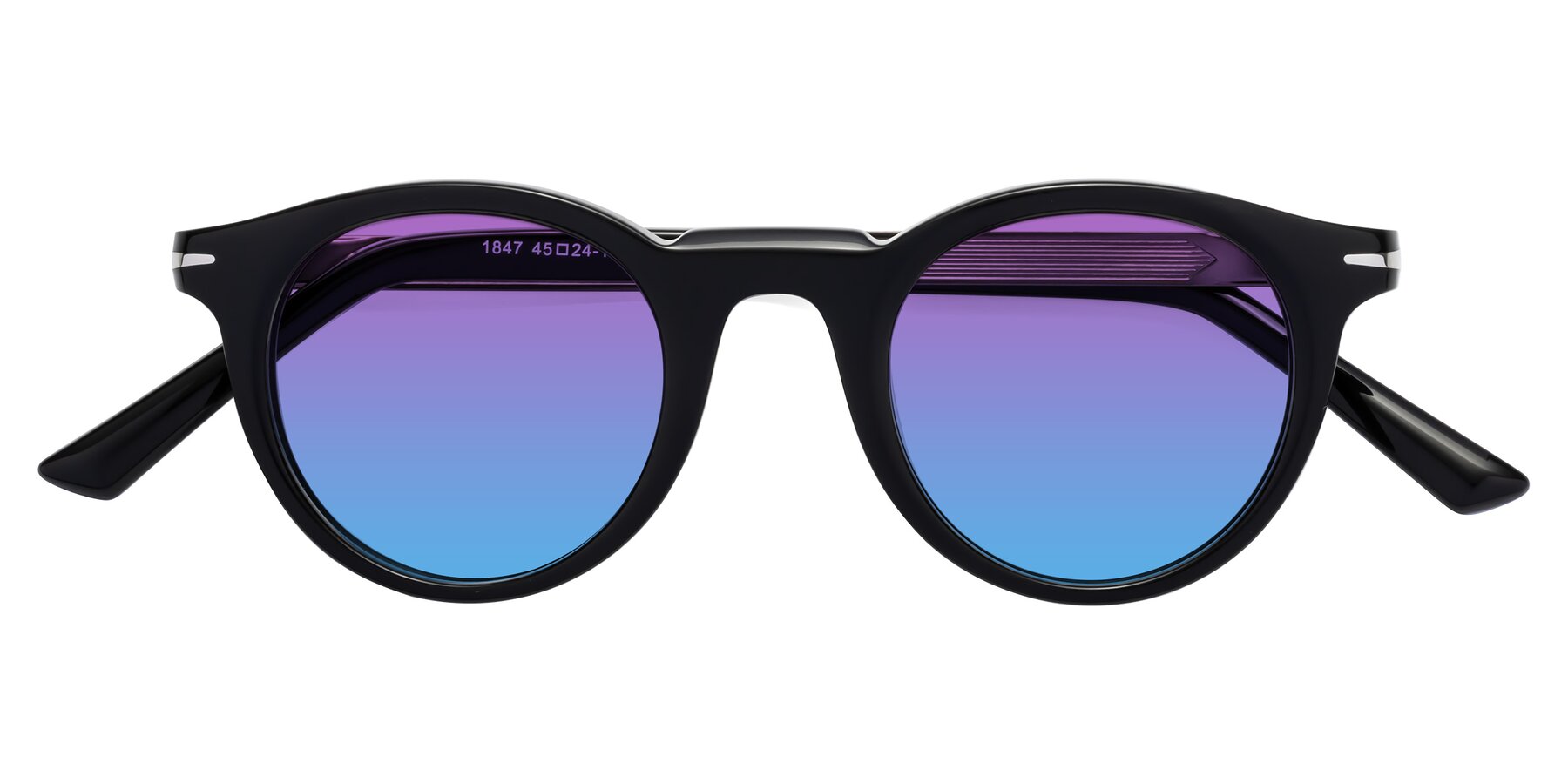 Folded Front of Cycle in Black with Purple / Blue Gradient Lenses