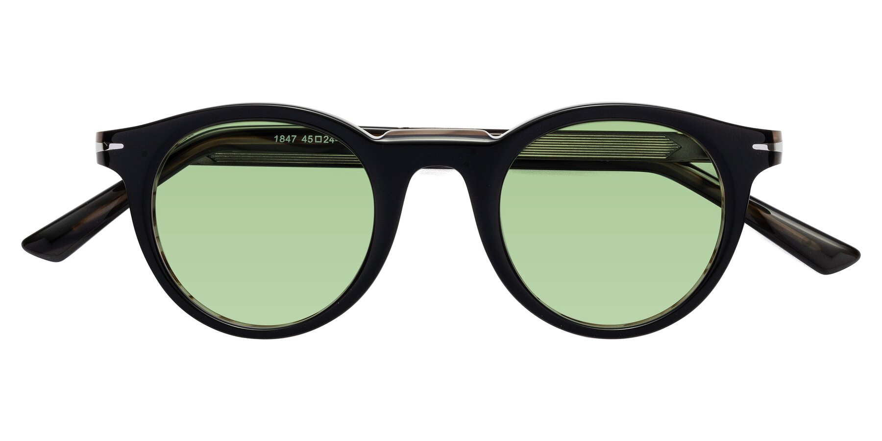 Folded Front of Cycle in Black-Gray Moonstone with Medium Green Tinted Lenses